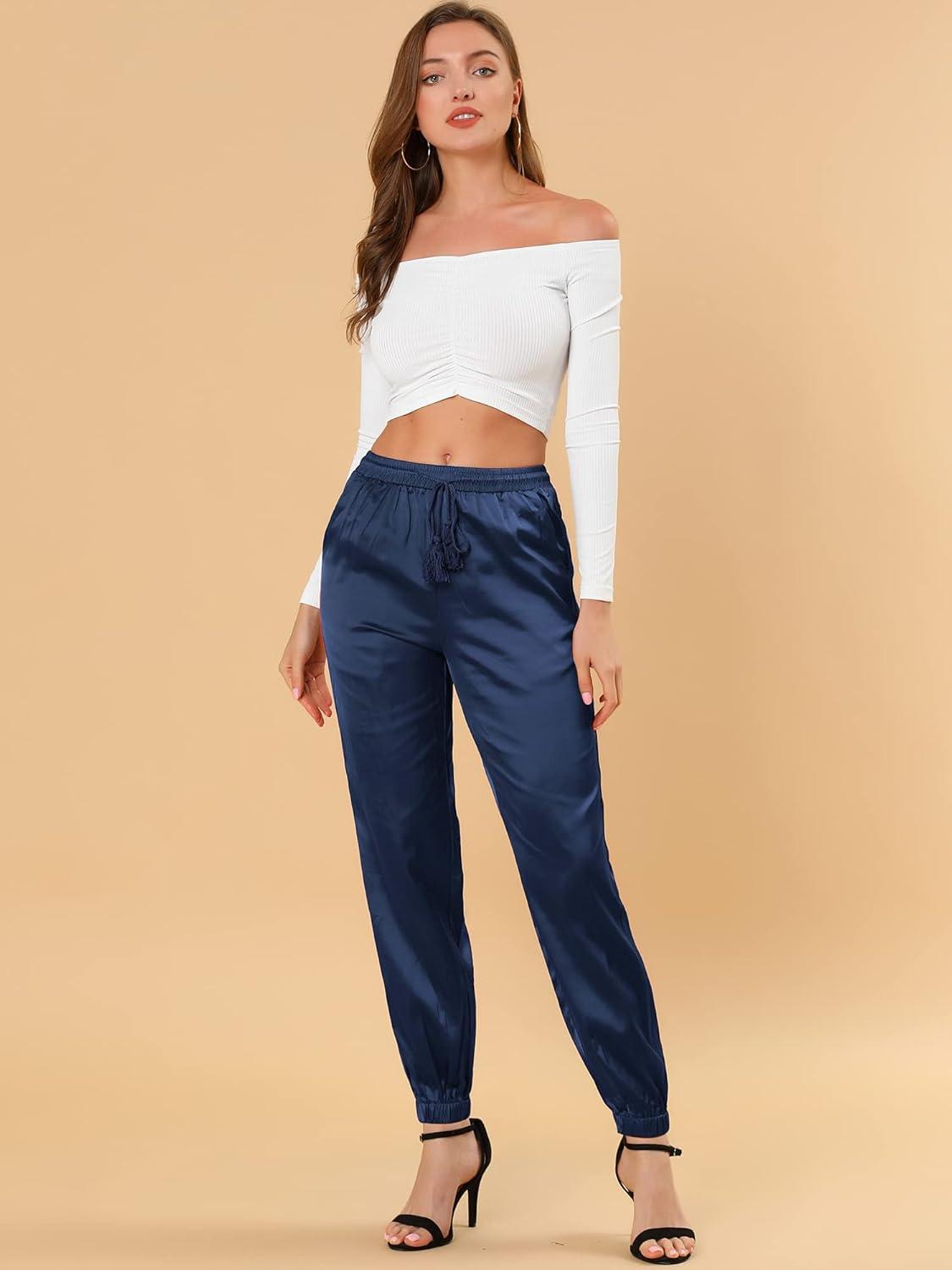 imageAllegra K Womens Satin Pants Drawstring Elastic Waist Straight Leg Ankle Length Dressy Joggers with PocketRoyal Blue