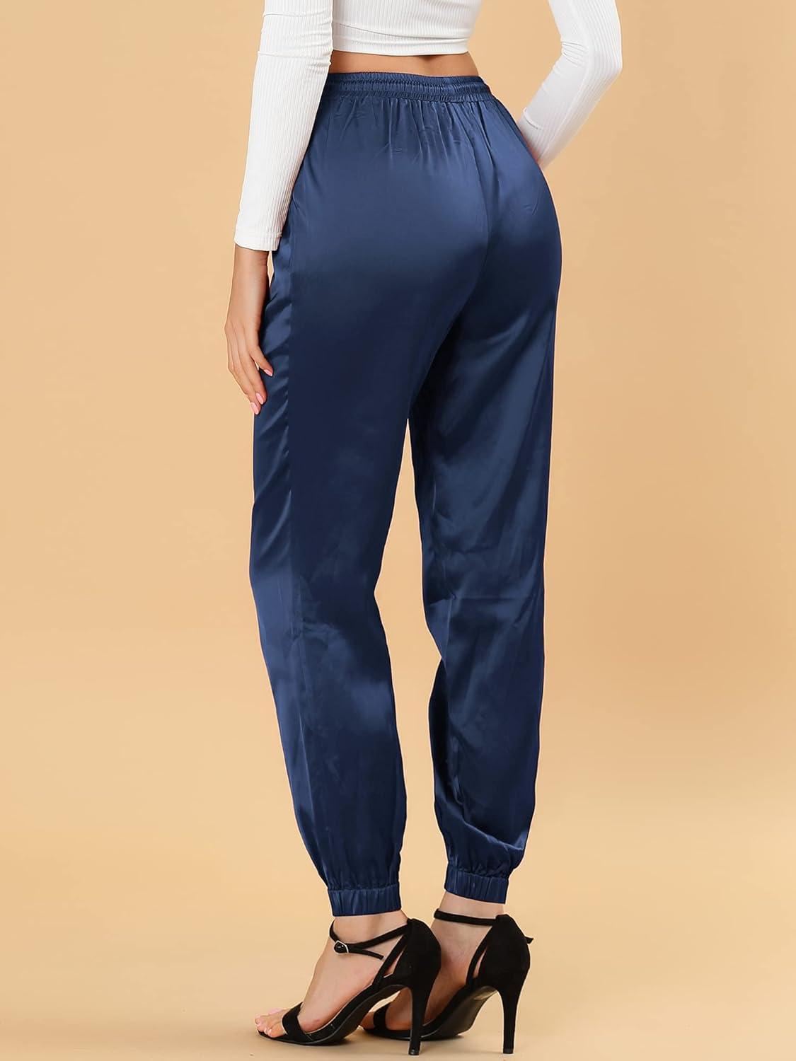 imageAllegra K Womens Satin Pants Drawstring Elastic Waist Straight Leg Ankle Length Dressy Joggers with PocketRoyal Blue