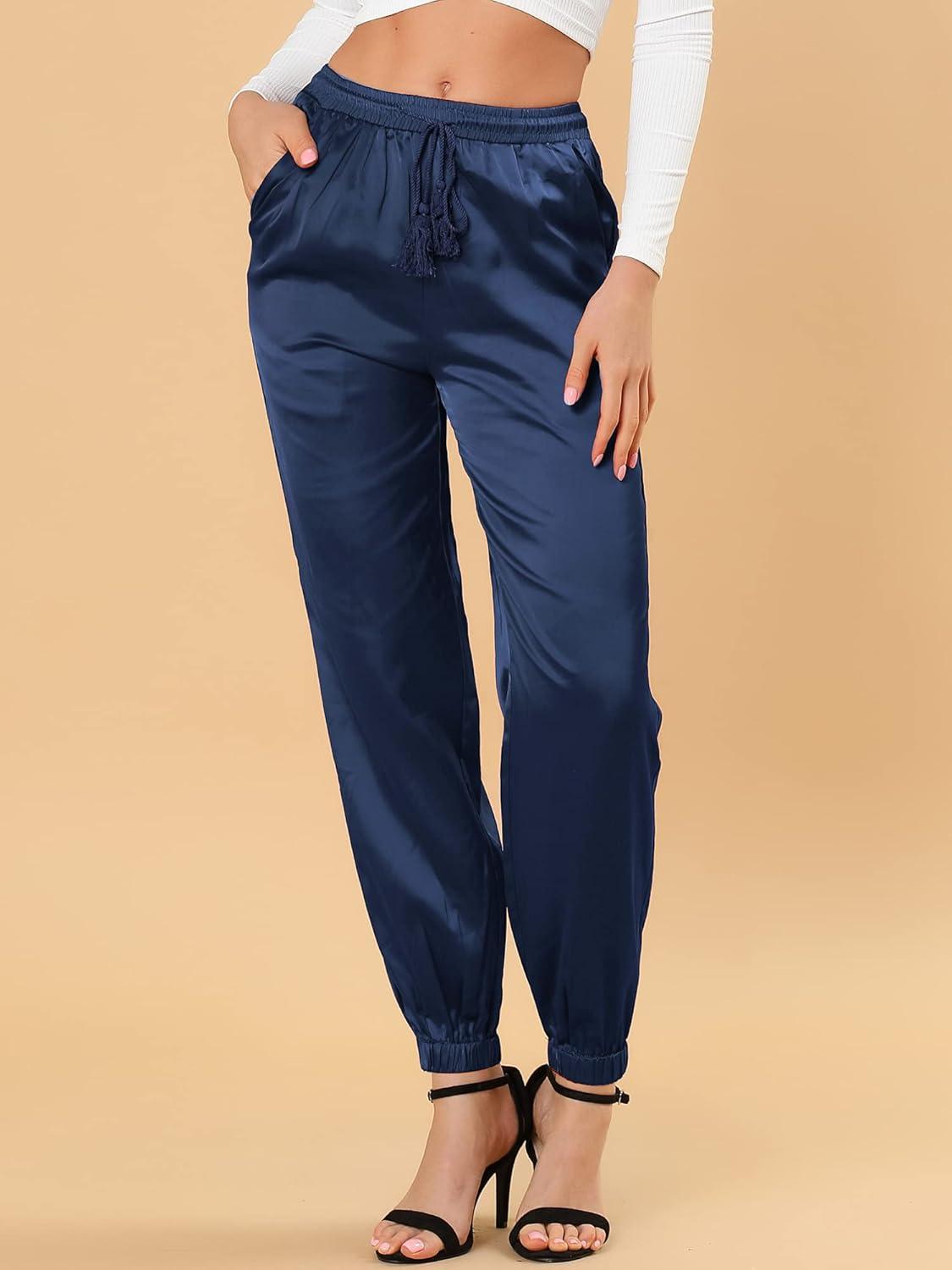 imageAllegra K Womens Satin Pants Drawstring Elastic Waist Straight Leg Ankle Length Dressy Joggers with PocketRoyal Blue