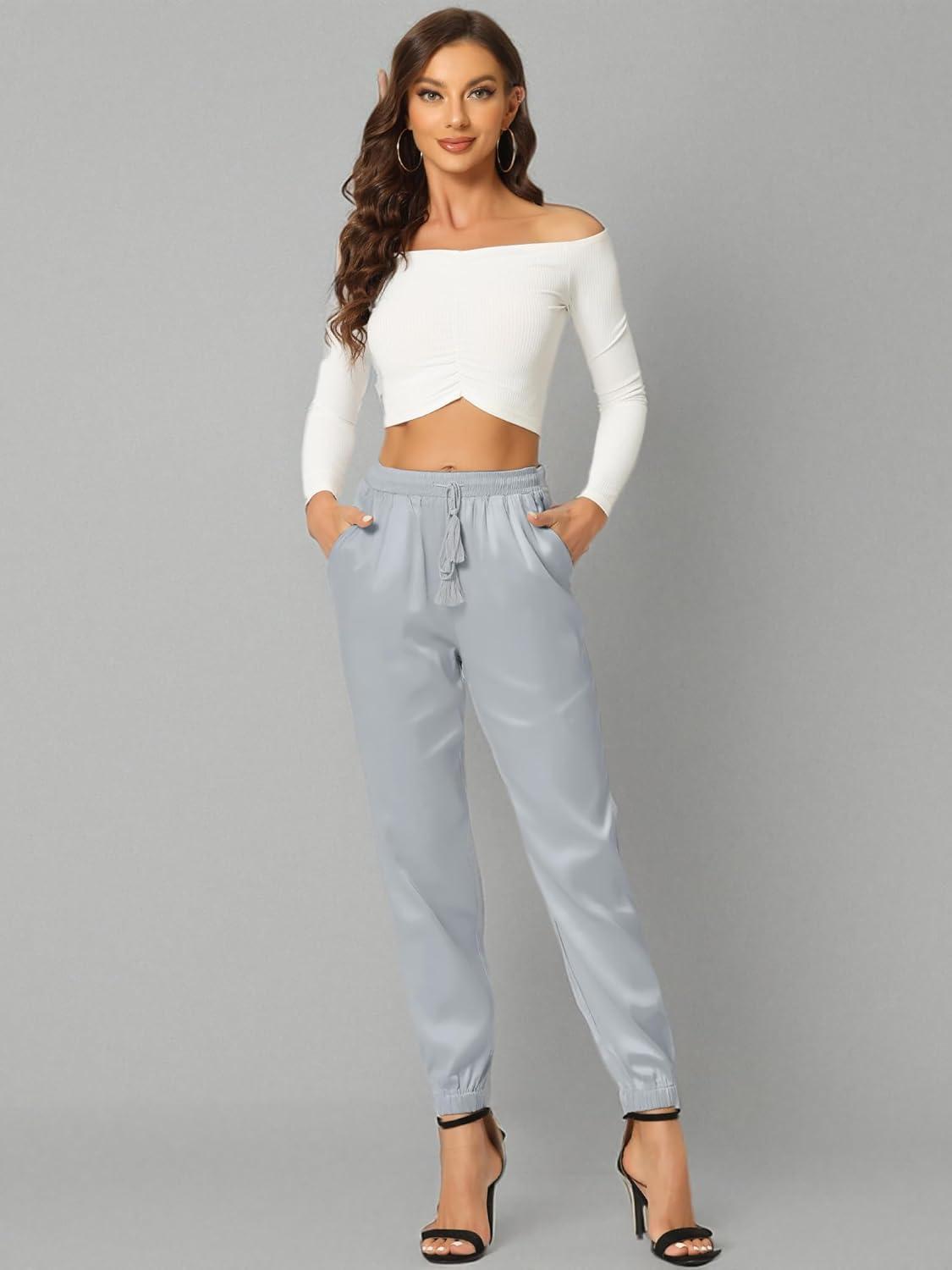imageAllegra K Womens Satin Pants Drawstring Elastic Waist Straight Leg Ankle Length Dressy Joggers with PocketSilver