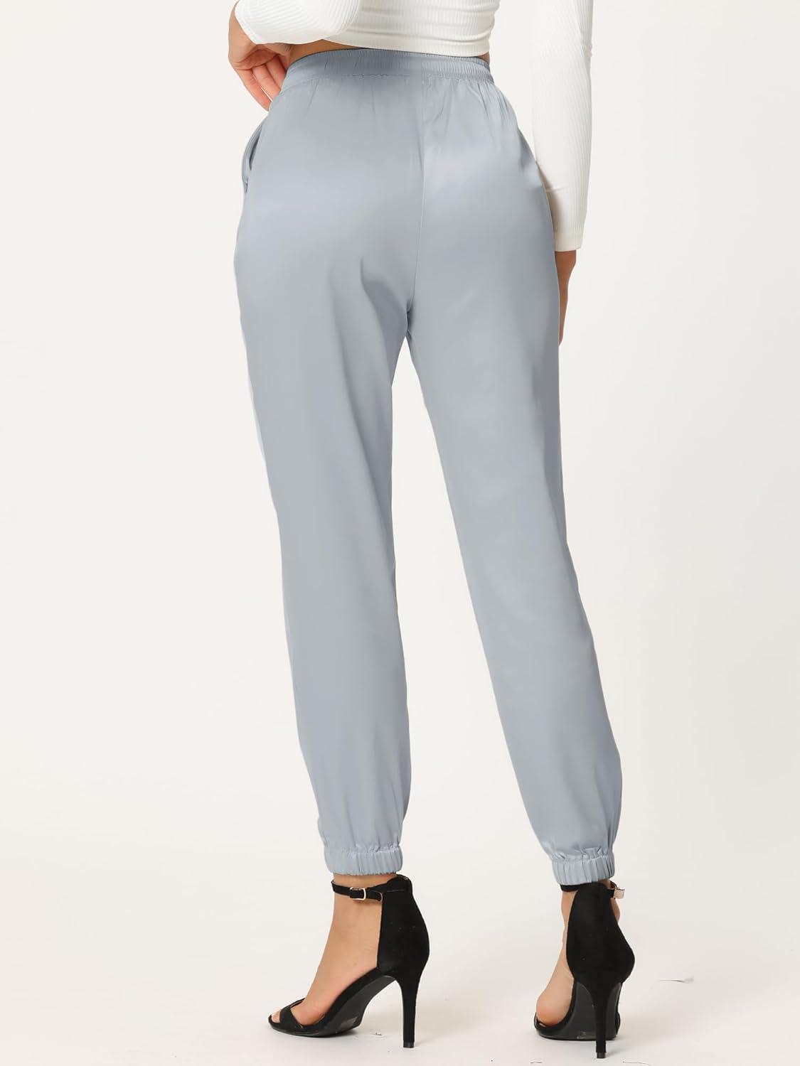 imageAllegra K Womens Satin Pants Drawstring Elastic Waist Straight Leg Ankle Length Dressy Joggers with PocketSilver