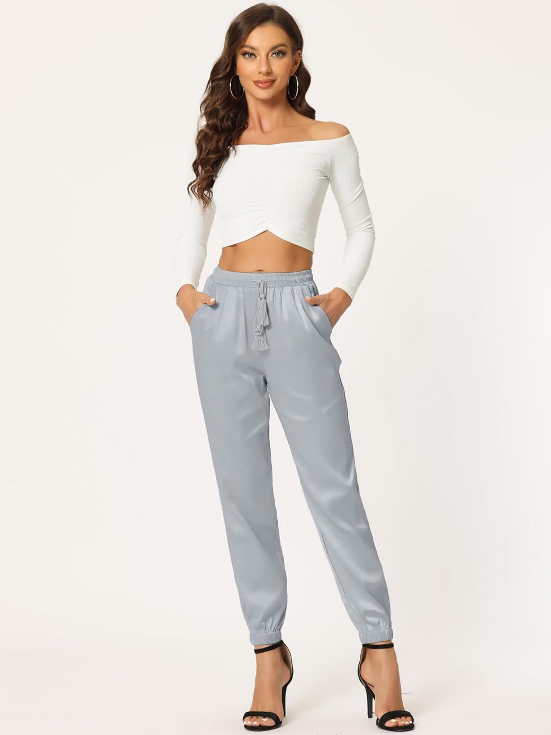 imageAllegra K Womens Satin Pants Drawstring Elastic Waist Straight Leg Ankle Length Dressy Joggers with PocketSilver
