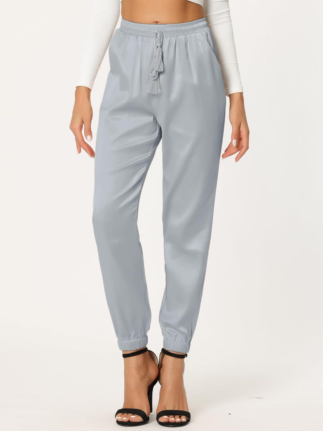 imageAllegra K Womens Satin Pants Drawstring Elastic Waist Straight Leg Ankle Length Dressy Joggers with PocketSilver