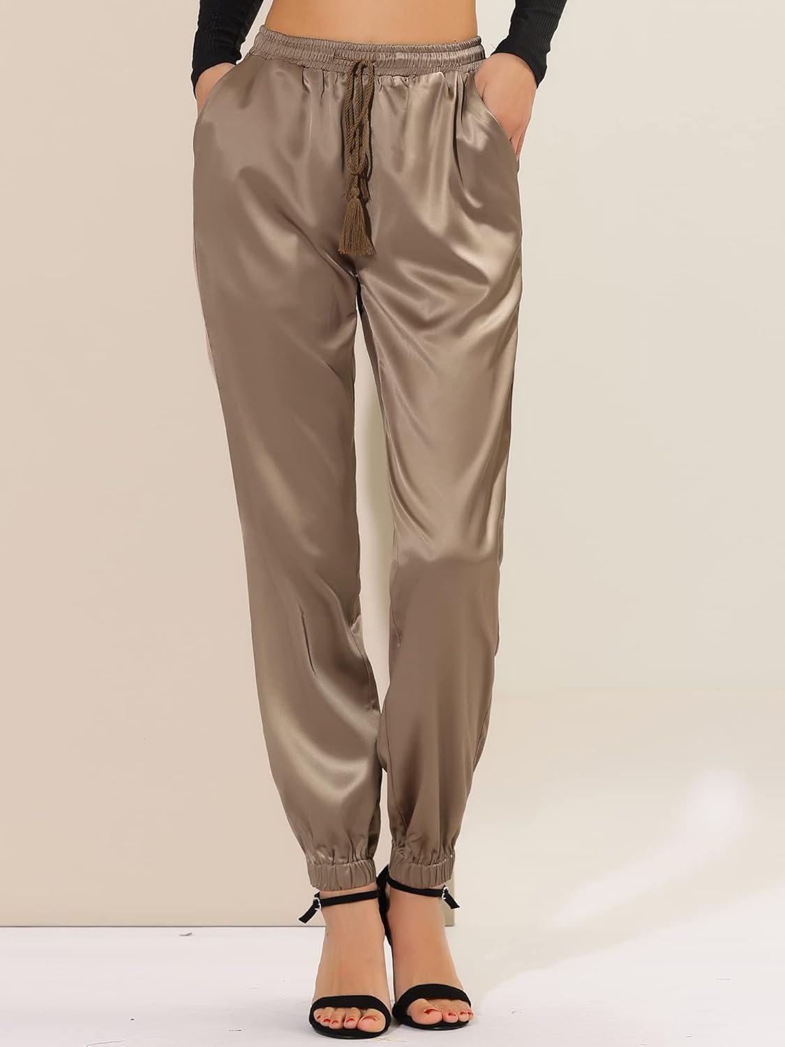 imageAllegra K Womens Satin Pants Drawstring Elastic Waist Straight Leg Ankle Length Dressy Joggers with PocketTan
