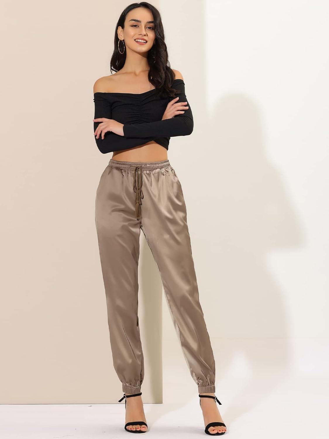 imageAllegra K Womens Satin Pants Drawstring Elastic Waist Straight Leg Ankle Length Dressy Joggers with PocketTan