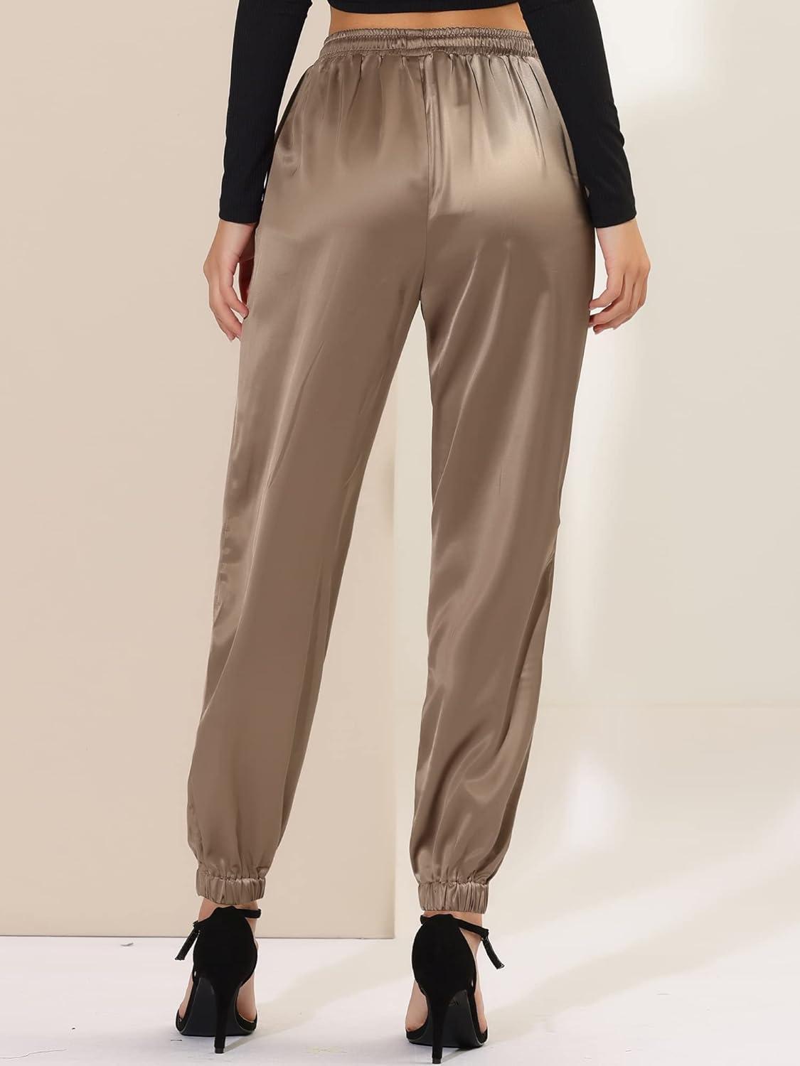 imageAllegra K Womens Satin Pants Drawstring Elastic Waist Straight Leg Ankle Length Dressy Joggers with PocketTan