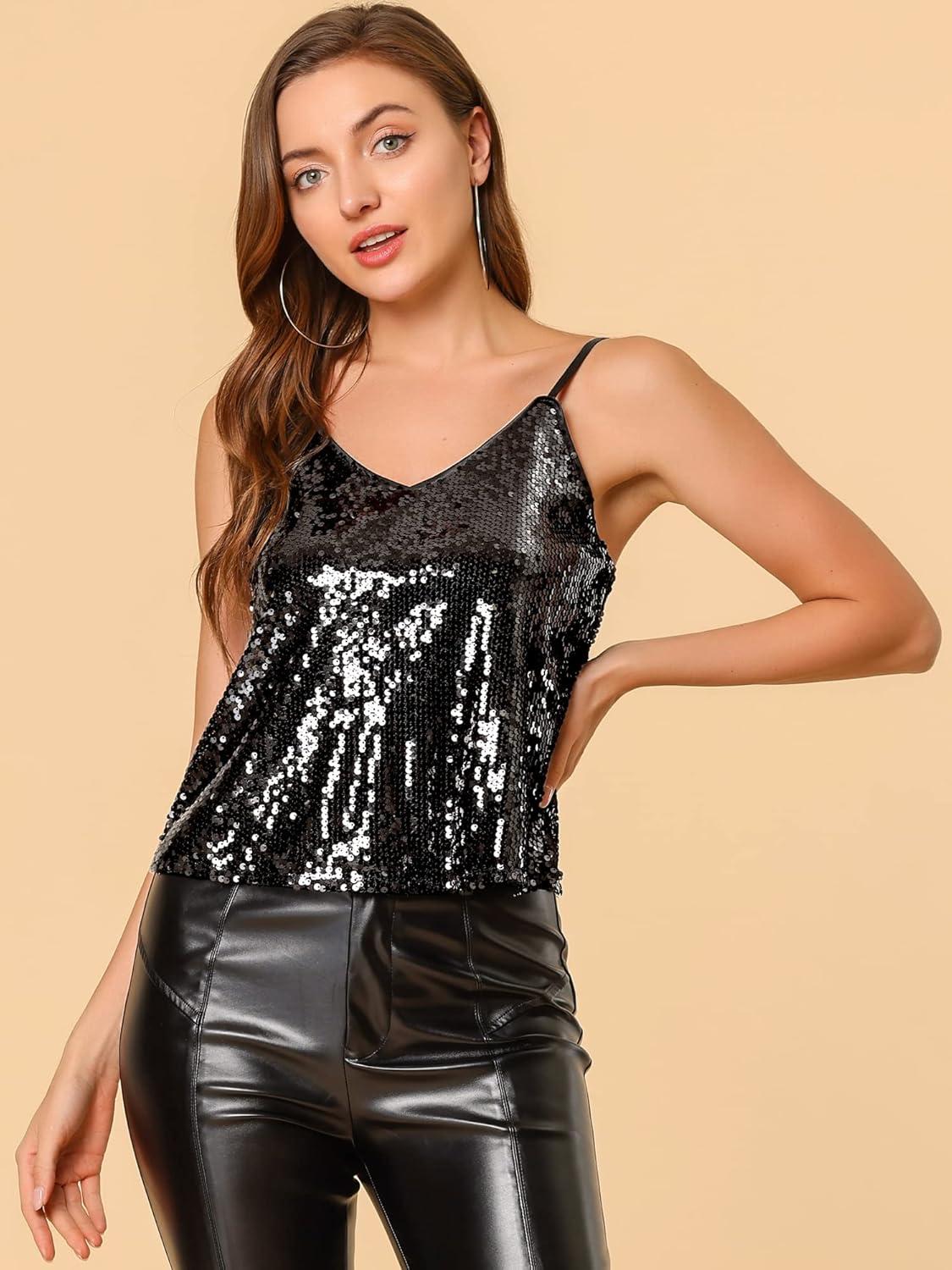 imageAllegra K Womens Sequined Shining Camisole Club Party Glitter Disco Sparkle Cami TopBlack