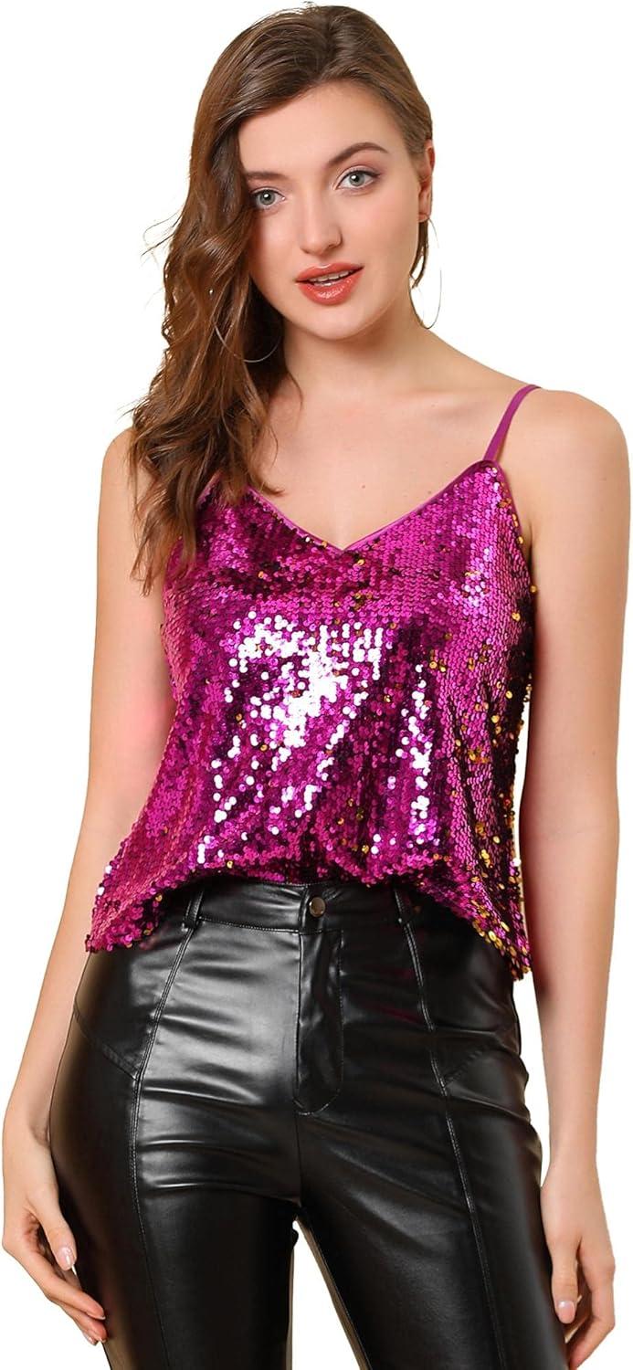 imageAllegra K Womens Sequined Shining Camisole Club Party Glitter Disco Sparkle Cami TopFushsia Gold