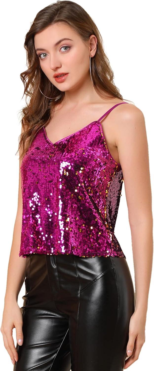 imageAllegra K Womens Sequined Shining Camisole Club Party Glitter Disco Sparkle Cami TopFushsia Gold