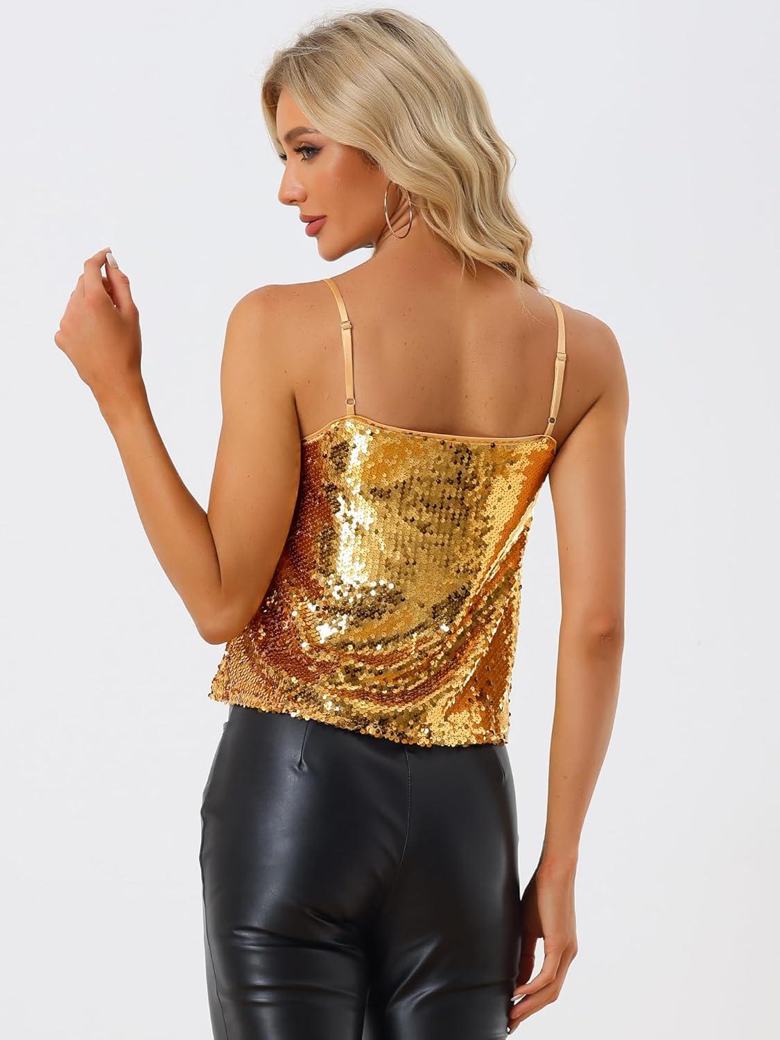 imageAllegra K Womens Sequined Shining Camisole Club Party Glitter Disco Sparkle Cami TopGolden