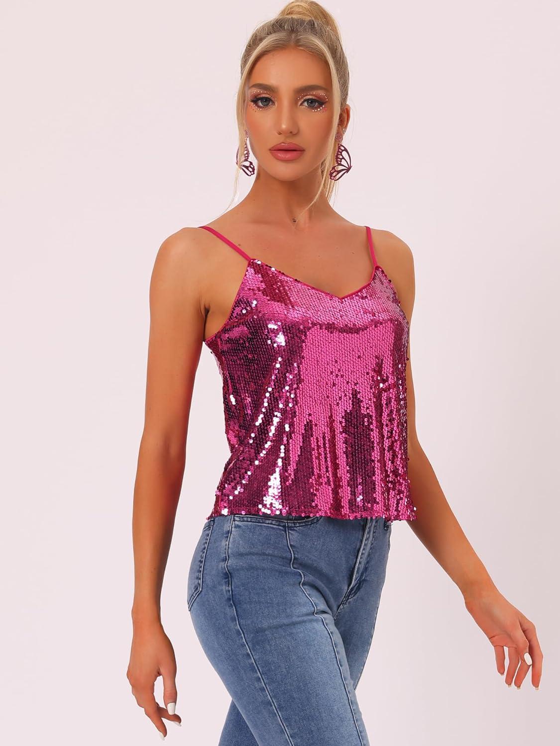 imageAllegra K Womens Sequined Shining Camisole Club Party Glitter Disco Sparkle Cami TopHot Pink