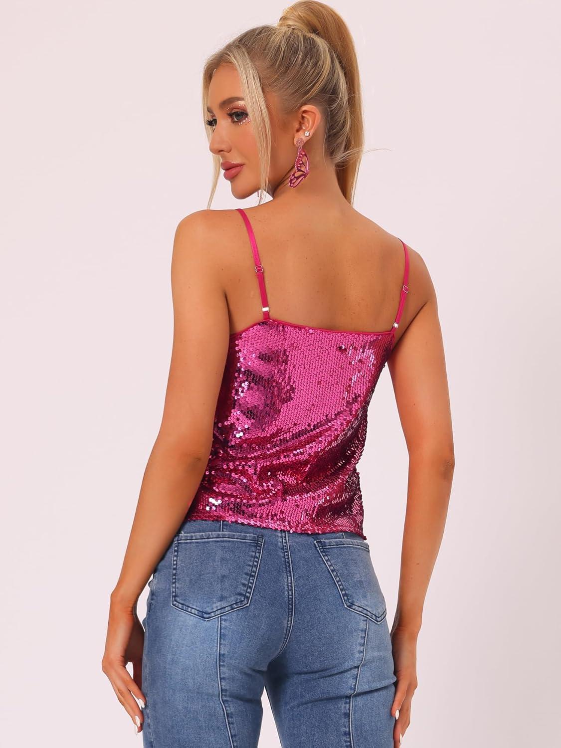 imageAllegra K Womens Sequined Shining Camisole Club Party Glitter Disco Sparkle Cami TopHot Pink