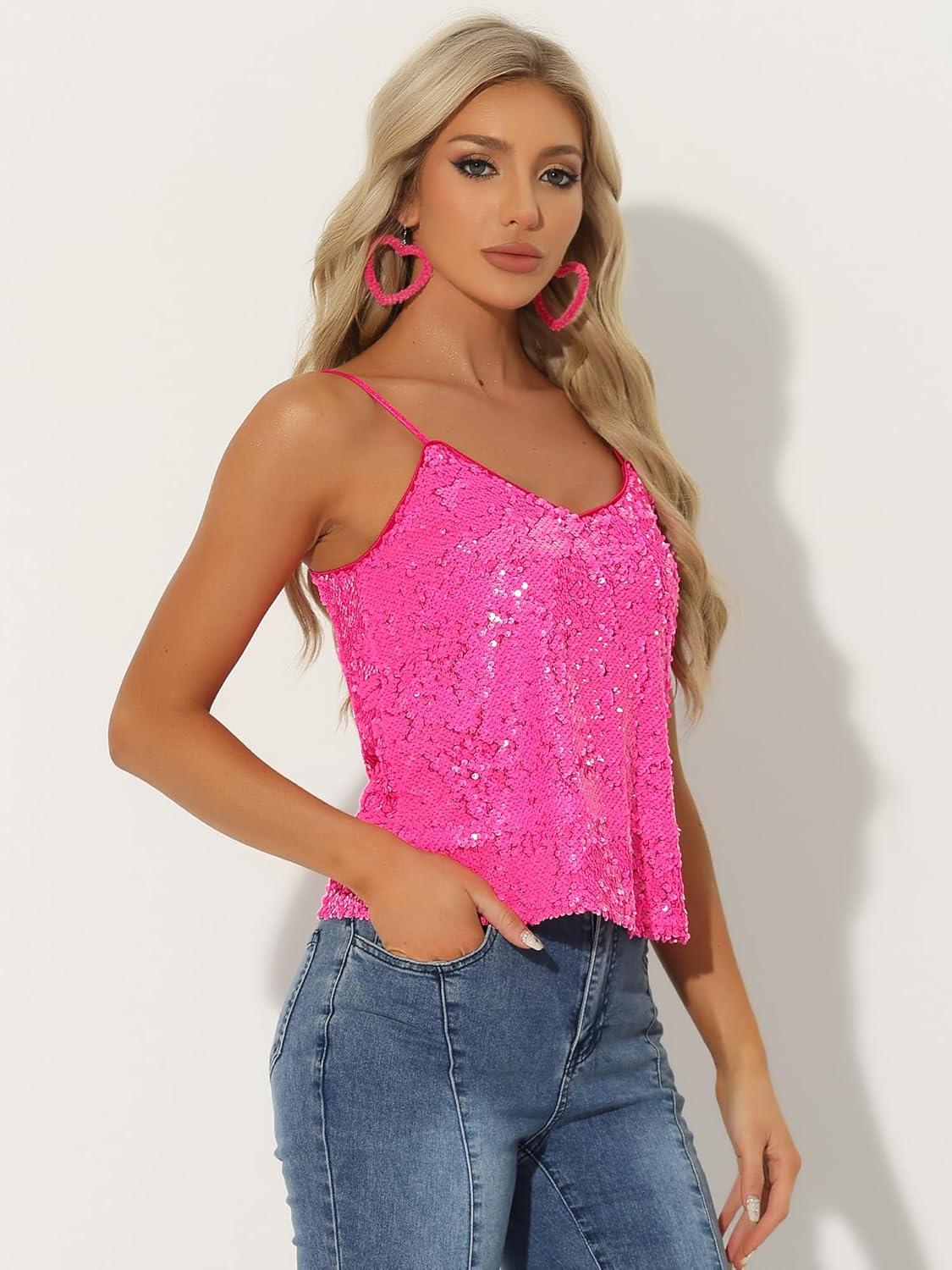 imageAllegra K Womens Sequined Shining Camisole Club Party Glitter Disco Sparkle Cami TopNeon Pink