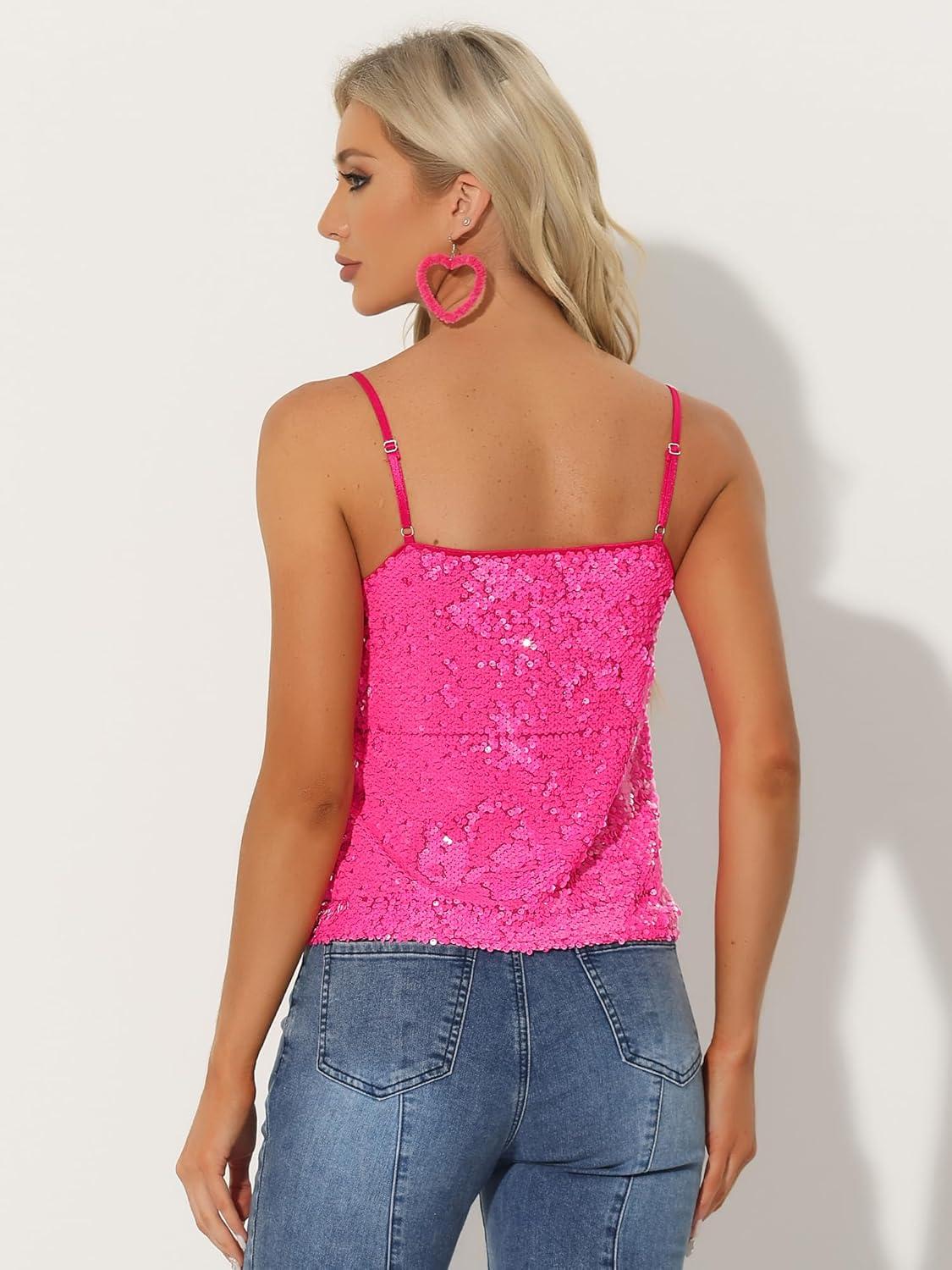 imageAllegra K Womens Sequined Shining Camisole Club Party Glitter Disco Sparkle Cami TopNeon Pink