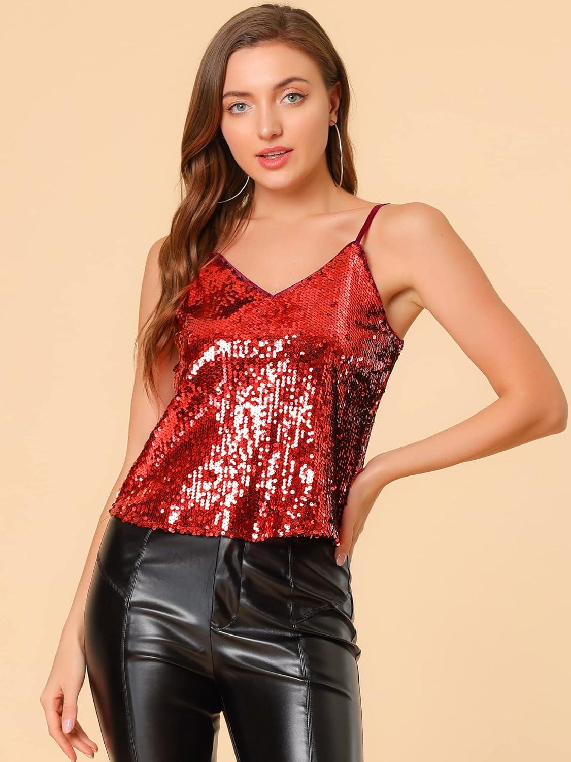 imageAllegra K Womens Sequined Shining Camisole Club Party Glitter Disco Sparkle Cami TopRed