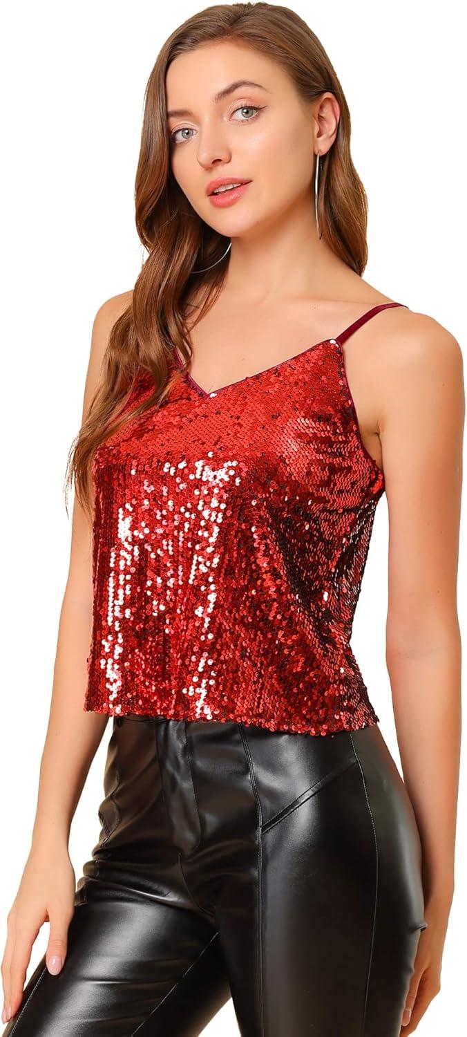 imageAllegra K Womens Sequined Shining Camisole Club Party Glitter Disco Sparkle Cami TopRed