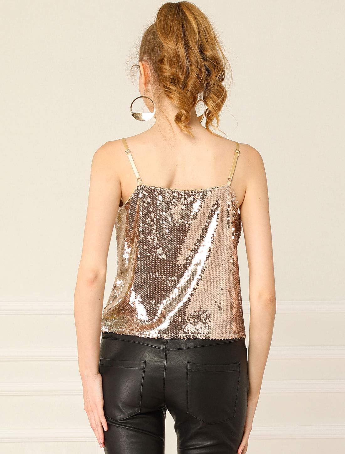 imageAllegra K Womens Sequined Shining Camisole Club Party Glitter Disco Sparkle Cami TopRose Gold