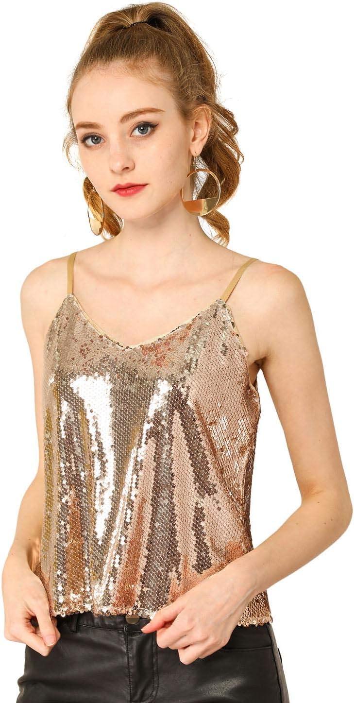 imageAllegra K Womens Sequined Shining Camisole Club Party Glitter Disco Sparkle Cami TopRose Gold