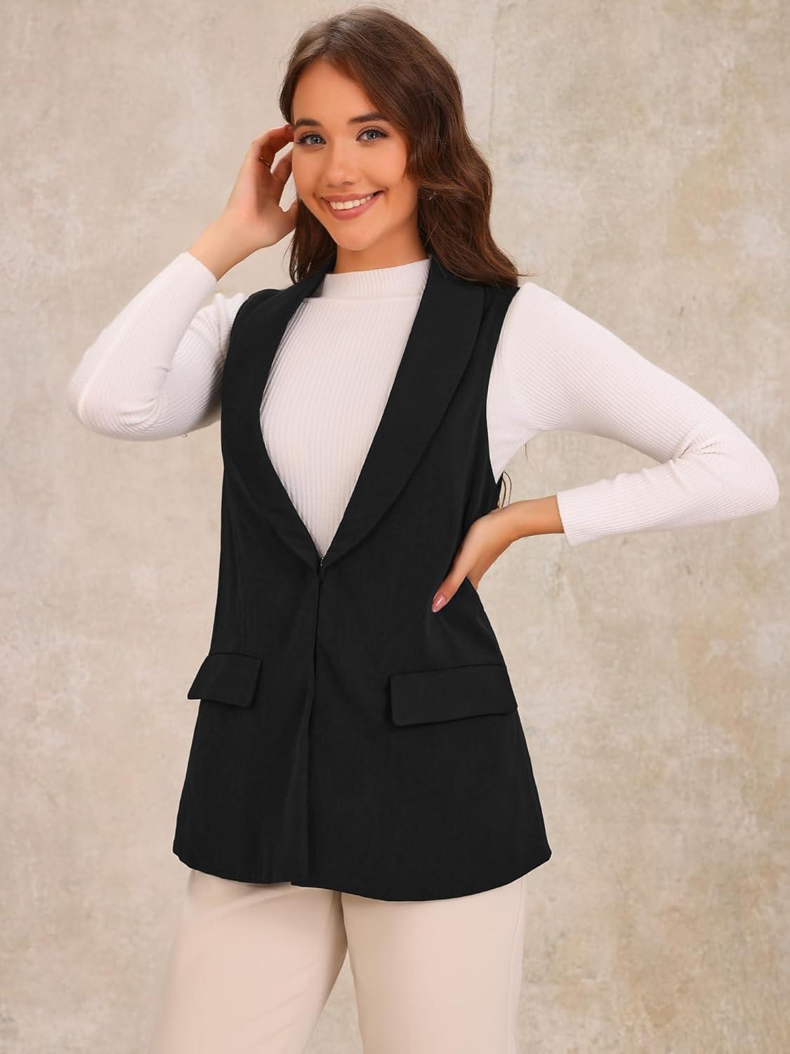 imageAllegra K Womens Sleeveless Blazer Shawl Collar Open Front Work Office Suit Vest JacketBlack
