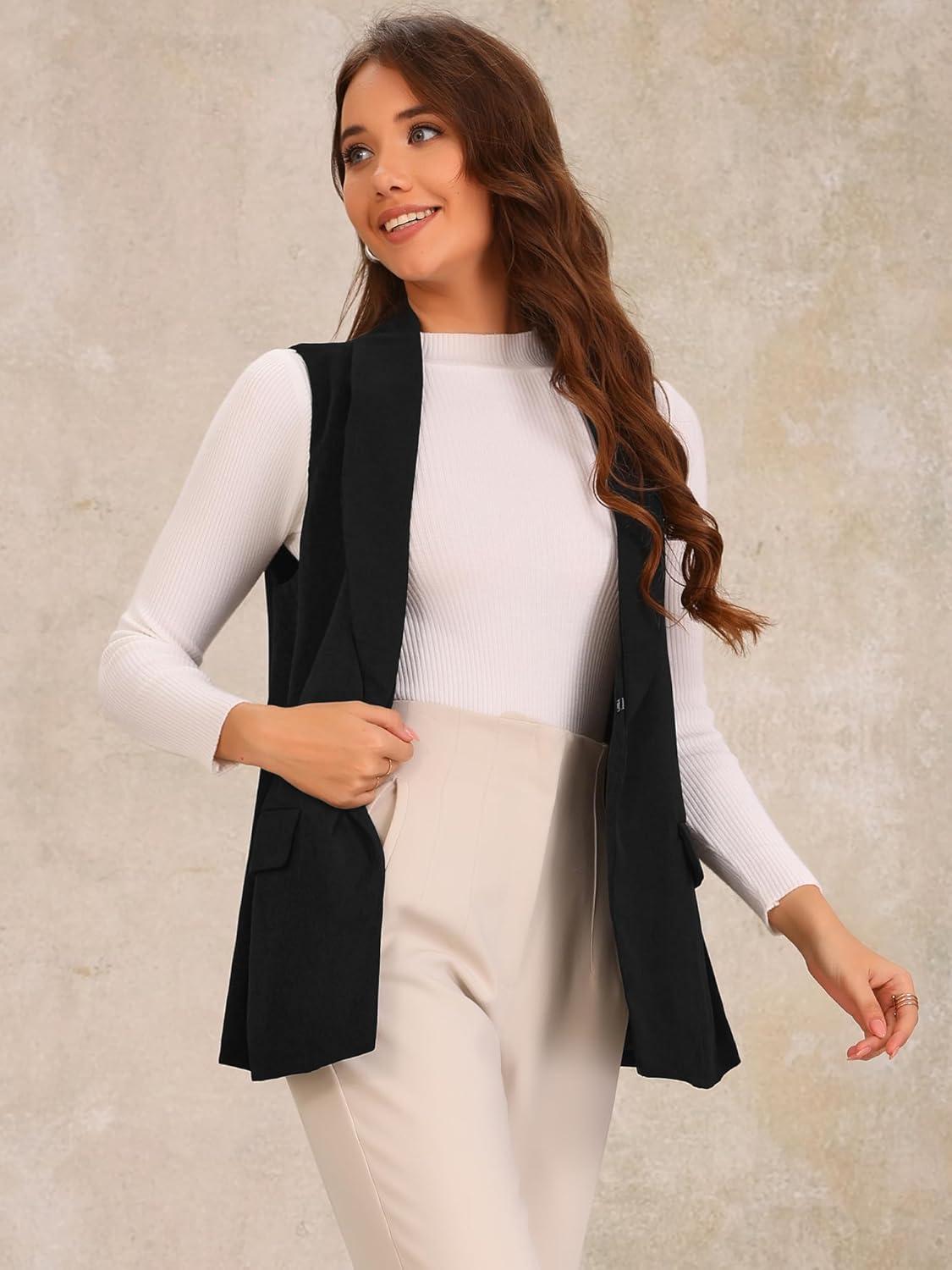 imageAllegra K Womens Sleeveless Blazer Shawl Collar Open Front Work Office Suit Vest JacketBlack
