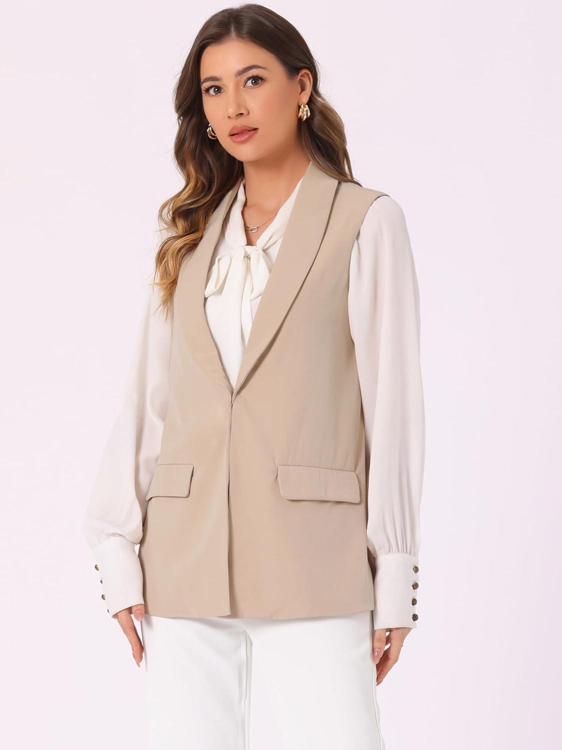 imageAllegra K Womens Sleeveless Blazer Shawl Collar Open Front Work Office Suit Vest JacketKhaki