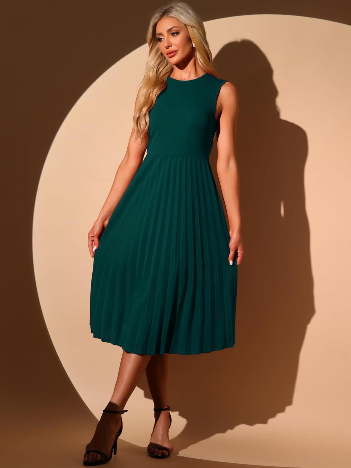 imageAllegra K Womens Sleeveless Pleated Dress Ruffle Hem Crew Neck Tank Knitted Elegant Midi DressesDark Green