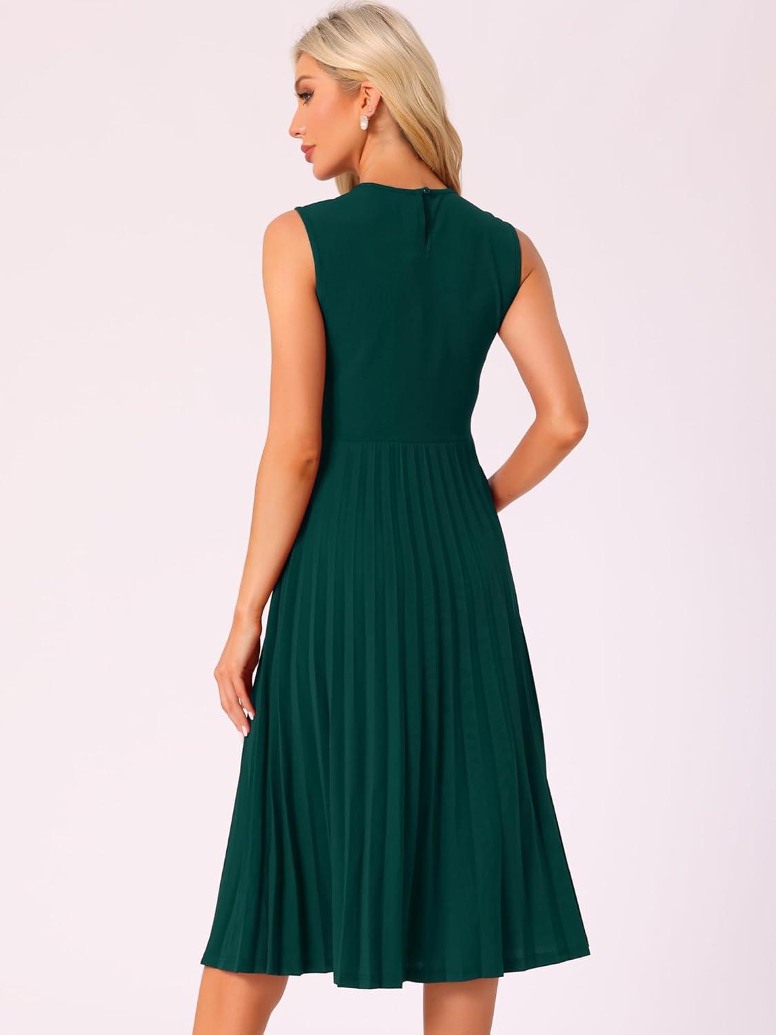 imageAllegra K Womens Sleeveless Pleated Dress Ruffle Hem Crew Neck Tank Knitted Elegant Midi DressesDark Green