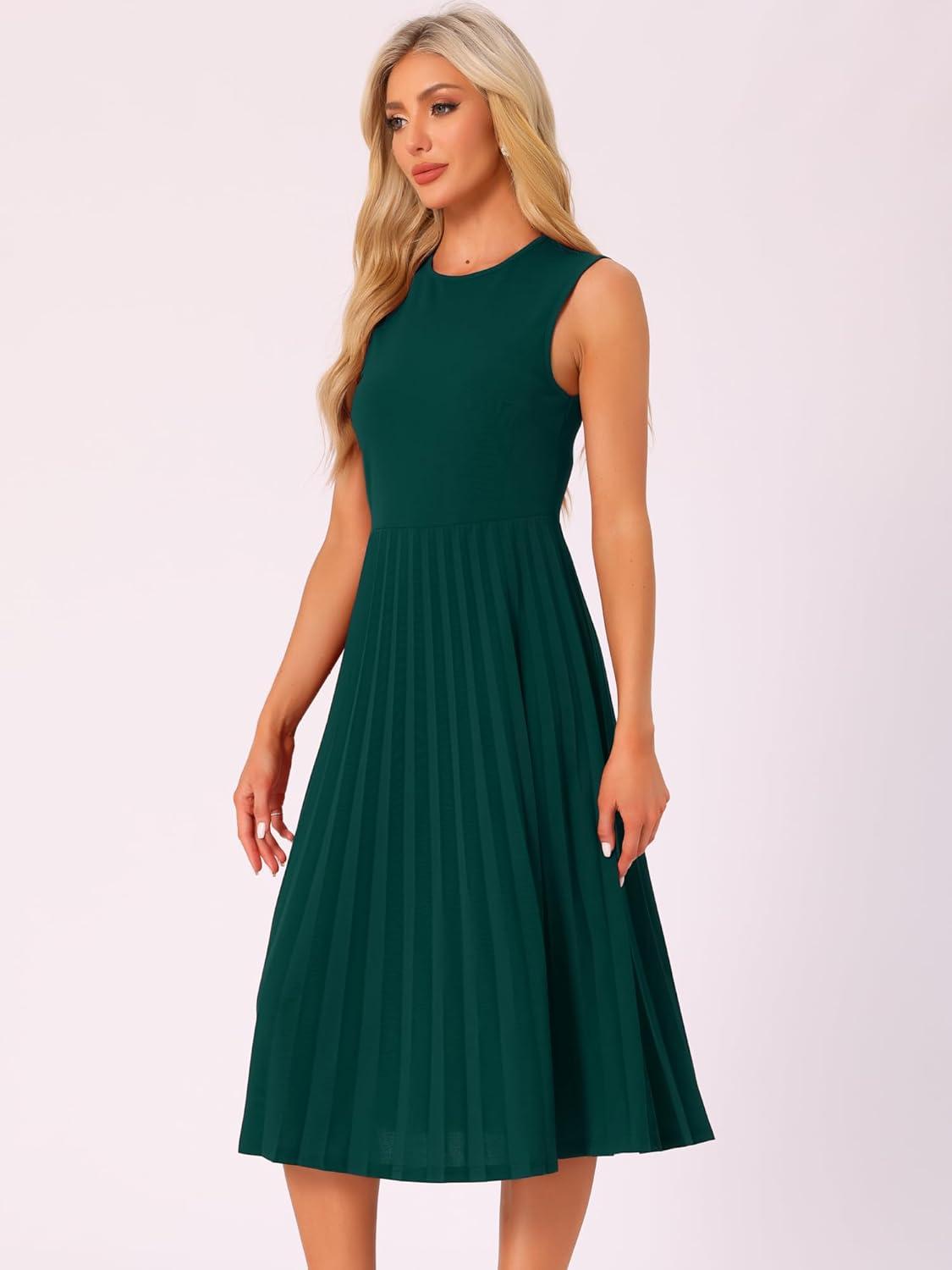 imageAllegra K Womens Sleeveless Pleated Dress Ruffle Hem Crew Neck Tank Knitted Elegant Midi DressesDark Green