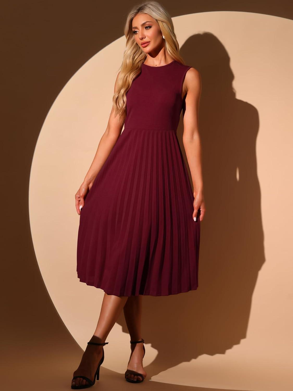 imageAllegra K Womens Sleeveless Pleated Dress Ruffle Hem Crew Neck Tank Knitted Elegant Midi DressesDark Red
