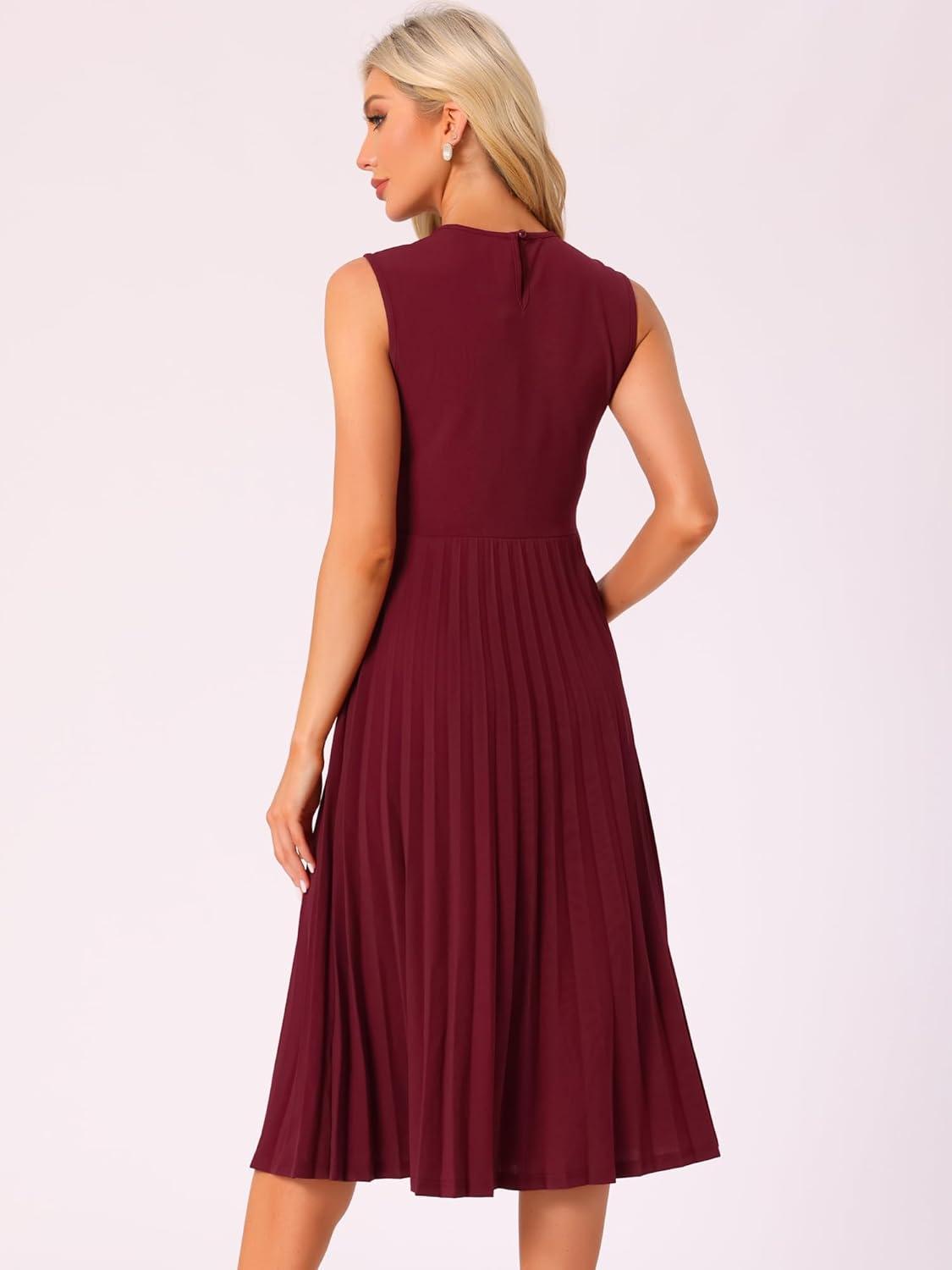 imageAllegra K Womens Sleeveless Pleated Dress Ruffle Hem Crew Neck Tank Knitted Elegant Midi DressesDark Red