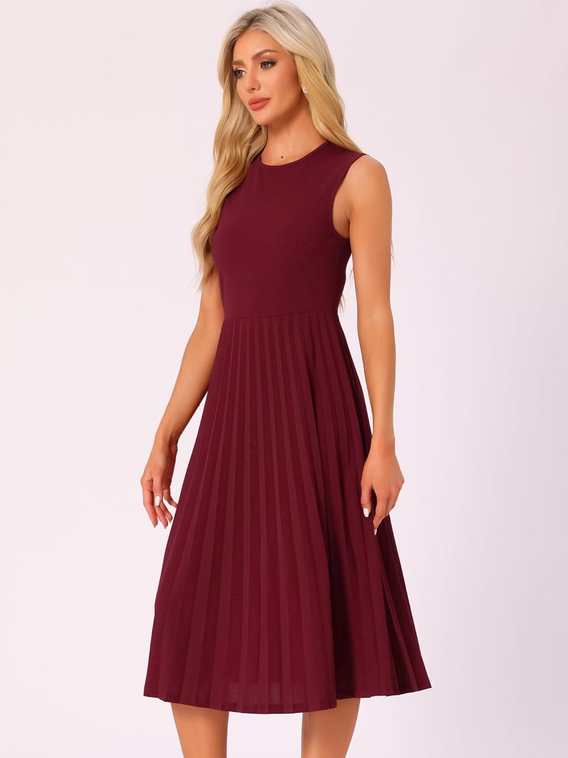 imageAllegra K Womens Sleeveless Pleated Dress Ruffle Hem Crew Neck Tank Knitted Elegant Midi DressesDark Red