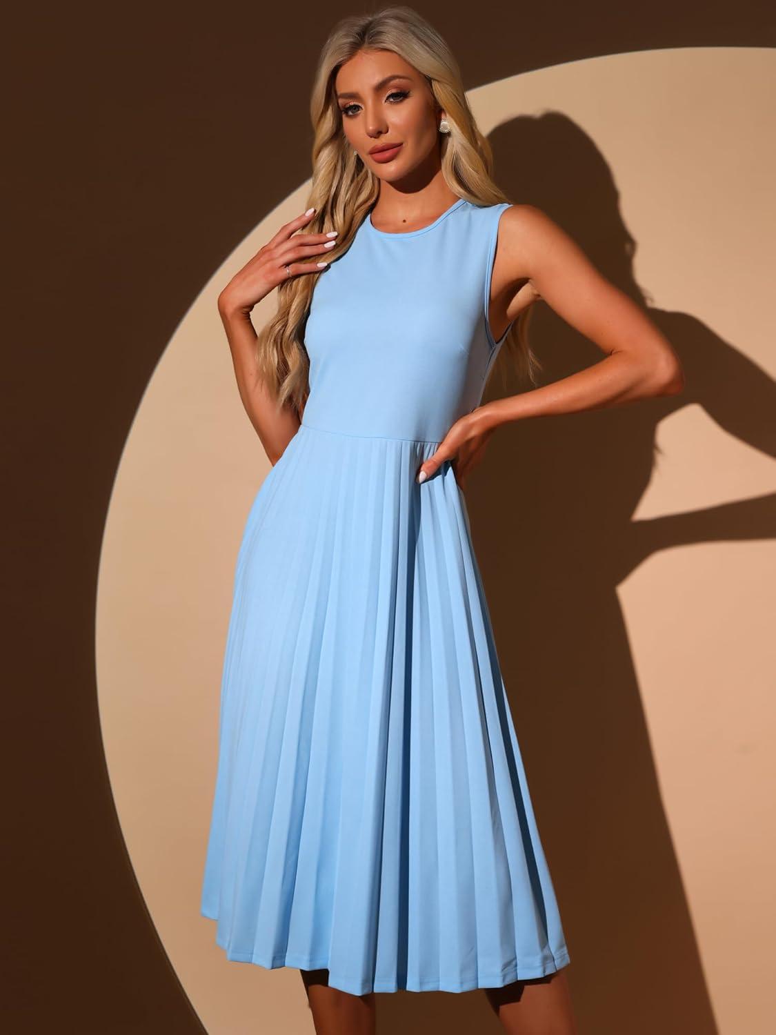 imageAllegra K Womens Sleeveless Pleated Dress Ruffle Hem Crew Neck Tank Knitted Elegant Midi DressesLight Blue