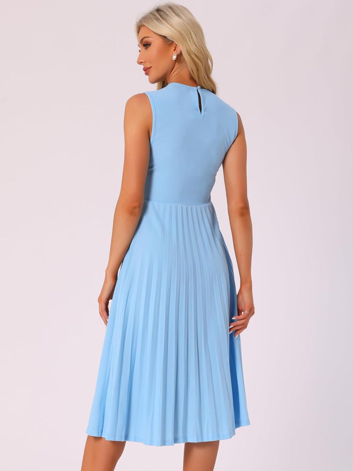imageAllegra K Womens Sleeveless Pleated Dress Ruffle Hem Crew Neck Tank Knitted Elegant Midi DressesLight Blue