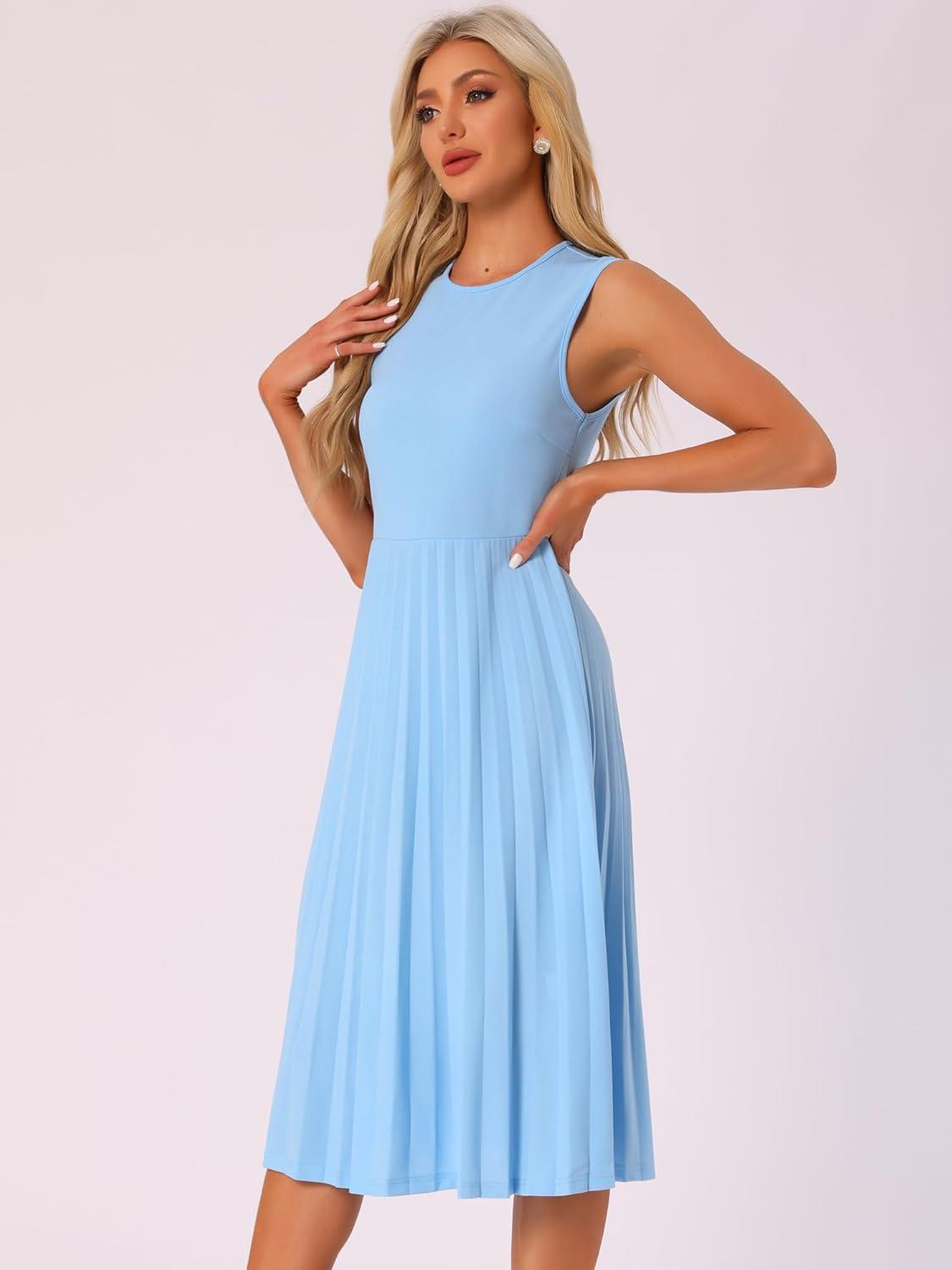 imageAllegra K Womens Sleeveless Pleated Dress Ruffle Hem Crew Neck Tank Knitted Elegant Midi DressesLight Blue