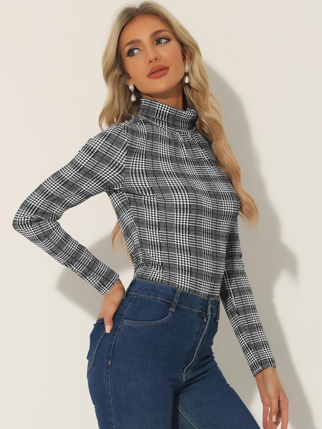 imageAllegra K Womens Striped Top Long Sleeve Casual Slim Turtleneck Fall Christmas Party Shirt 2025Blacks