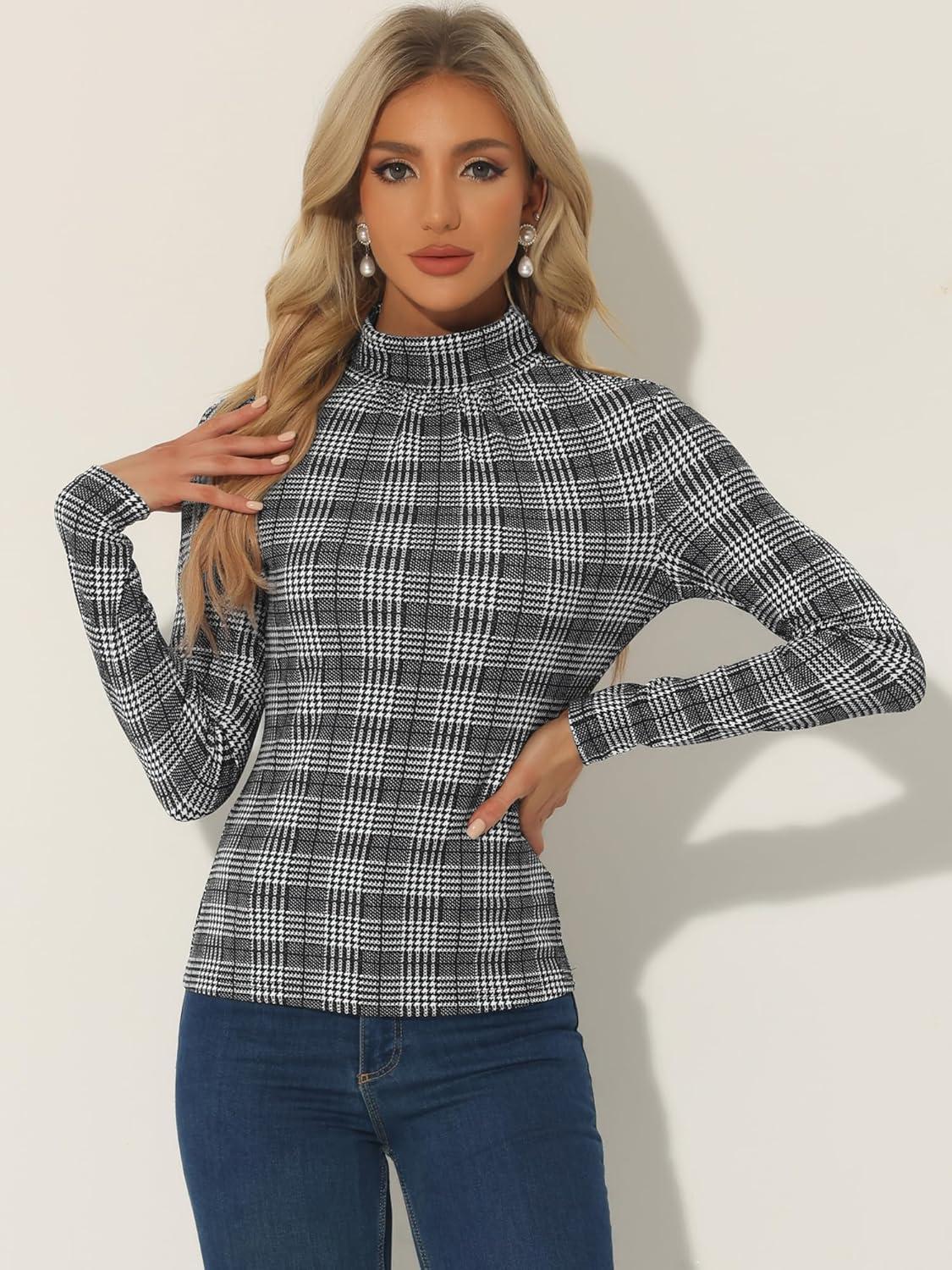 imageAllegra K Womens Striped Top Long Sleeve Casual Slim Turtleneck Fall Christmas Party Shirt 2025Blacks