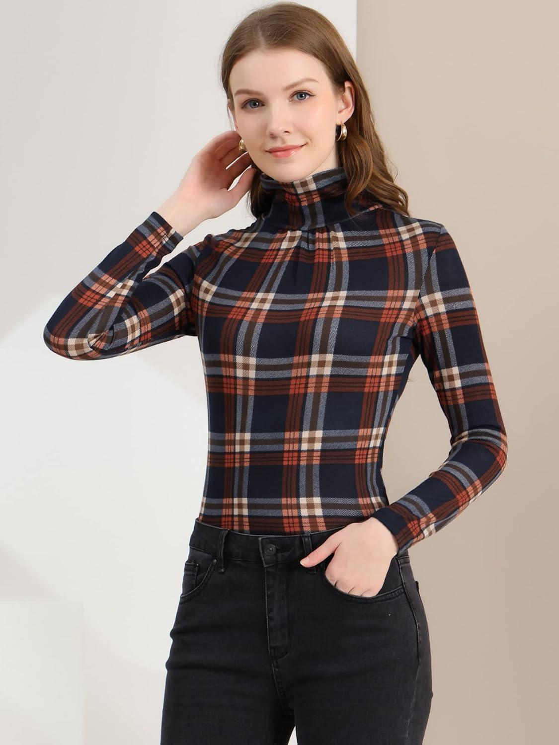imageAllegra K Womens Striped Top Long Sleeve Casual Slim Turtleneck Fall Christmas Party Shirt 2025Blue Orange