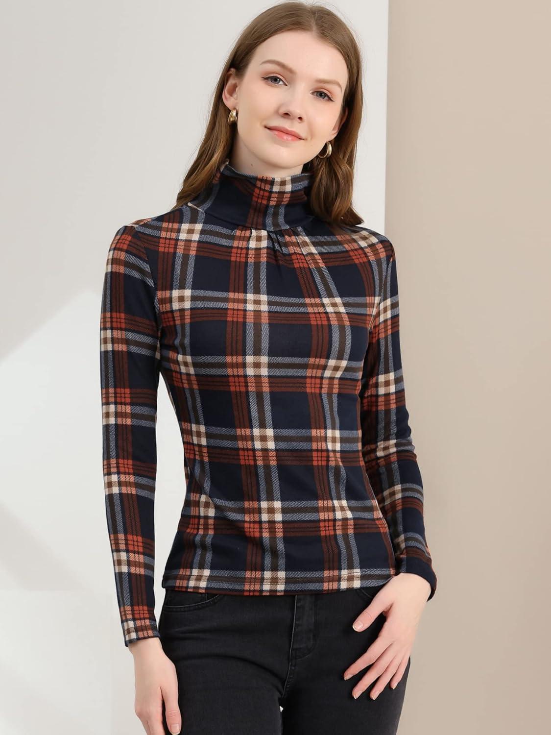 imageAllegra K Womens Striped Top Long Sleeve Casual Slim Turtleneck Fall Christmas Party Shirt 2025Blue Orange