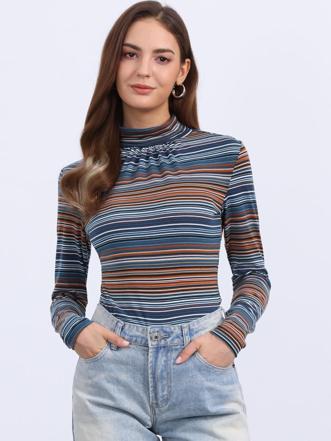 imageAllegra K Womens Striped Top Long Sleeve Casual Slim Turtleneck Fall Christmas Party Shirt 2025Blue Striped