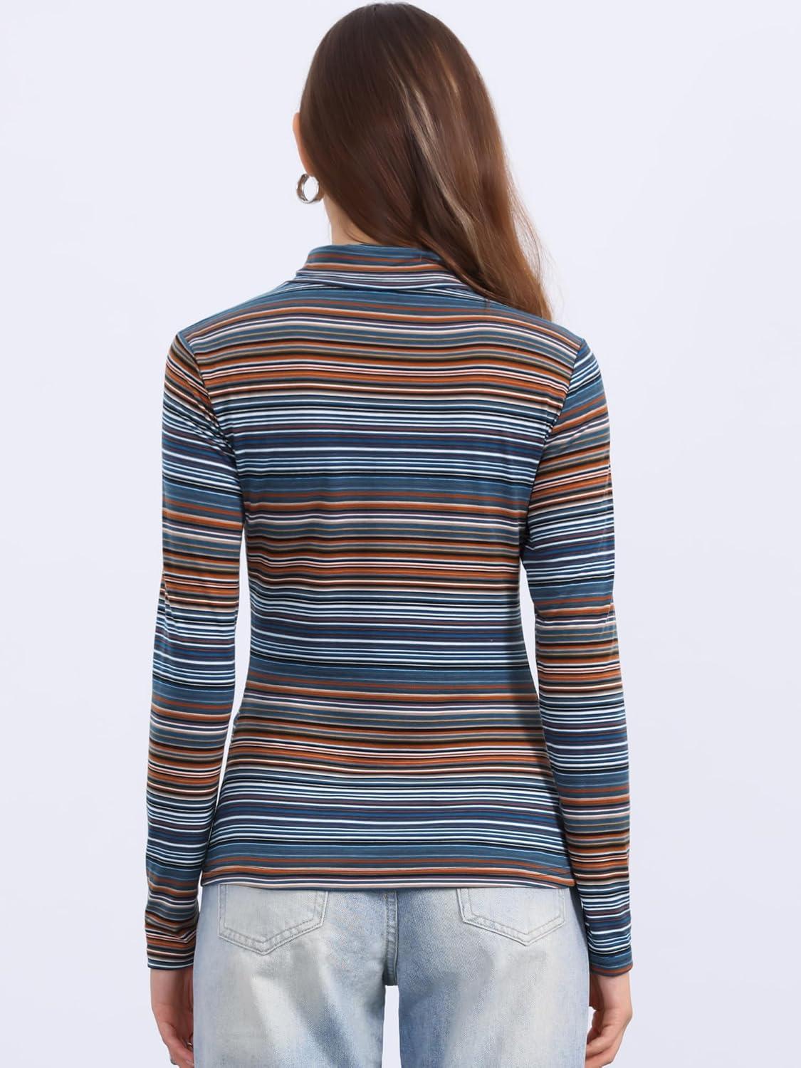 imageAllegra K Womens Striped Top Long Sleeve Casual Slim Turtleneck Fall Christmas Party Shirt 2025Blue Striped
