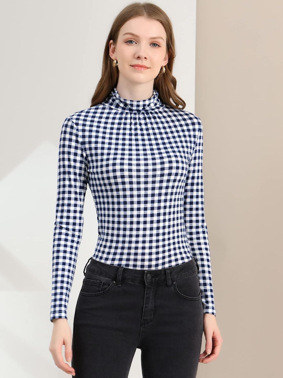 imageAllegra K Womens Striped Top Long Sleeve Casual Slim Turtleneck Fall Christmas Party Shirt 2025Blue White