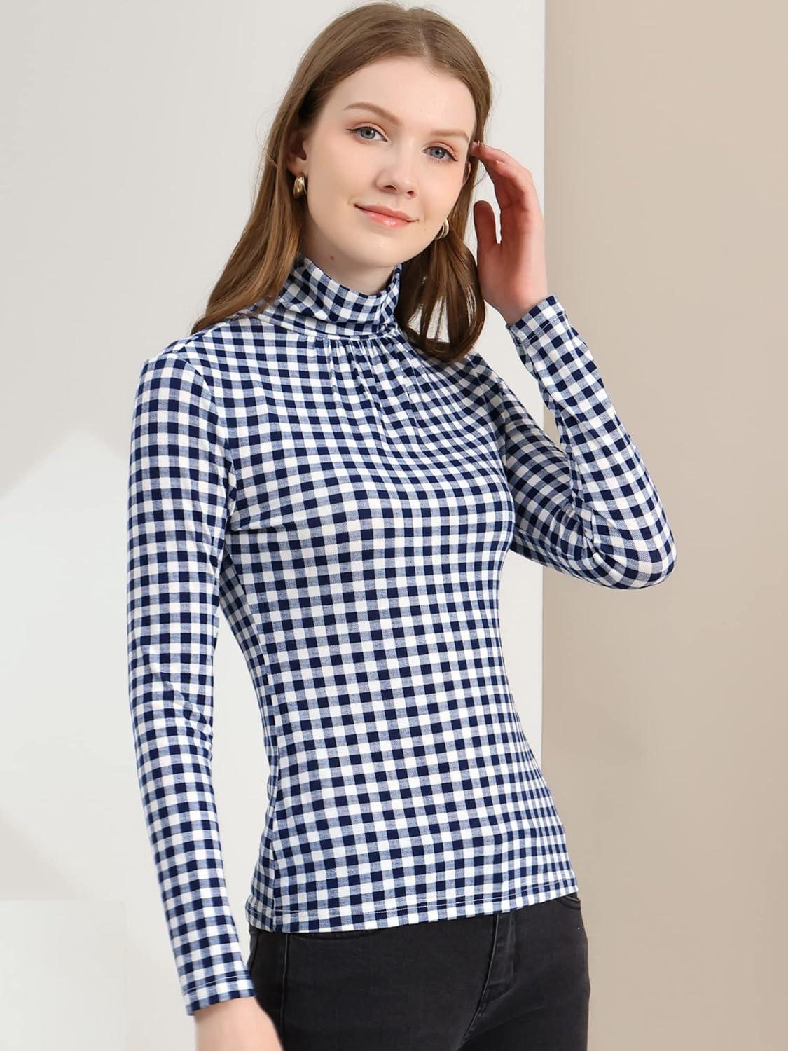 imageAllegra K Womens Striped Top Long Sleeve Casual Slim Turtleneck Fall Christmas Party Shirt 2025Blue White