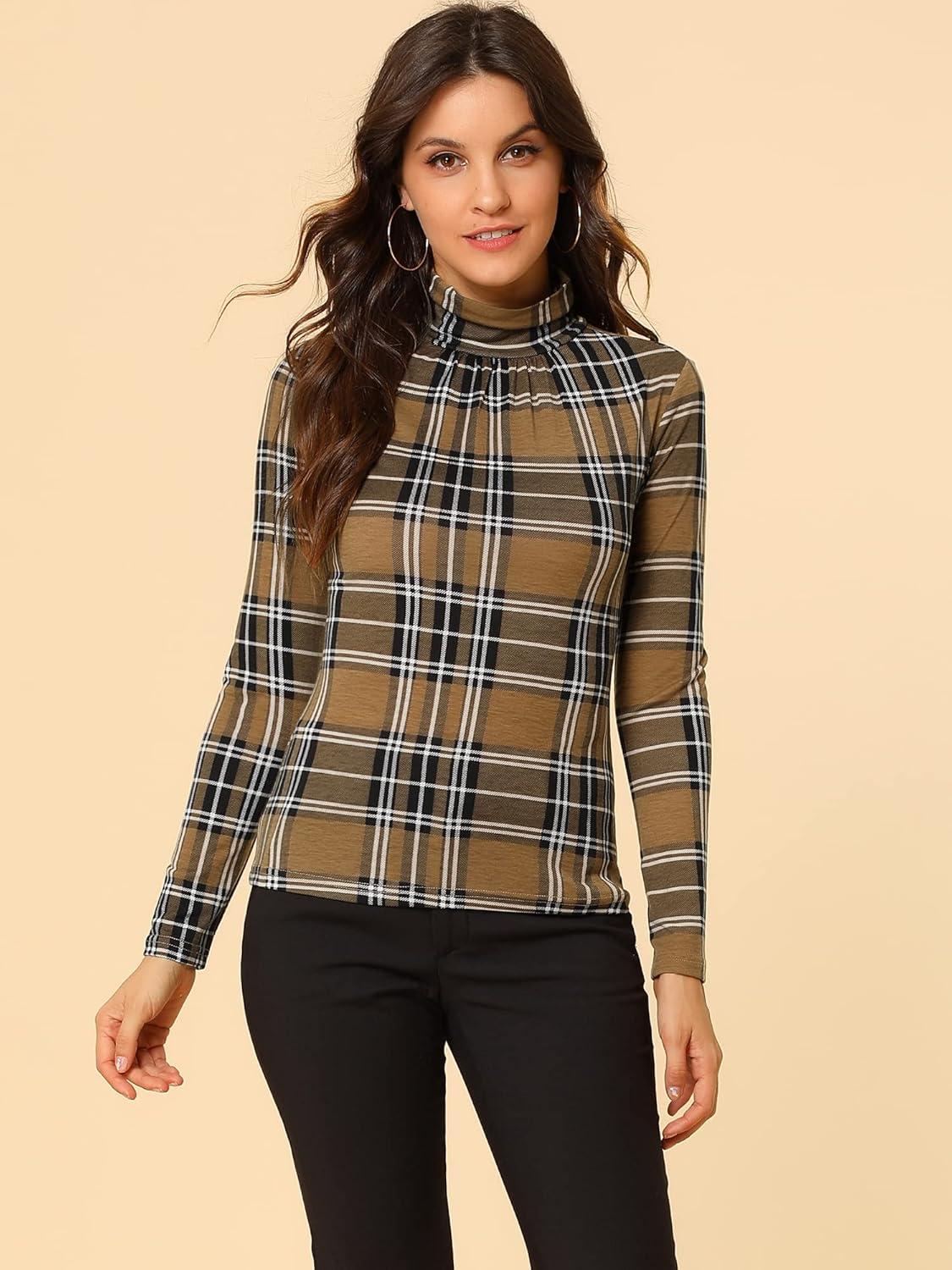 imageAllegra K Womens Striped Top Long Sleeve Casual Slim Turtleneck Fall Christmas Party Shirt 2025Brown