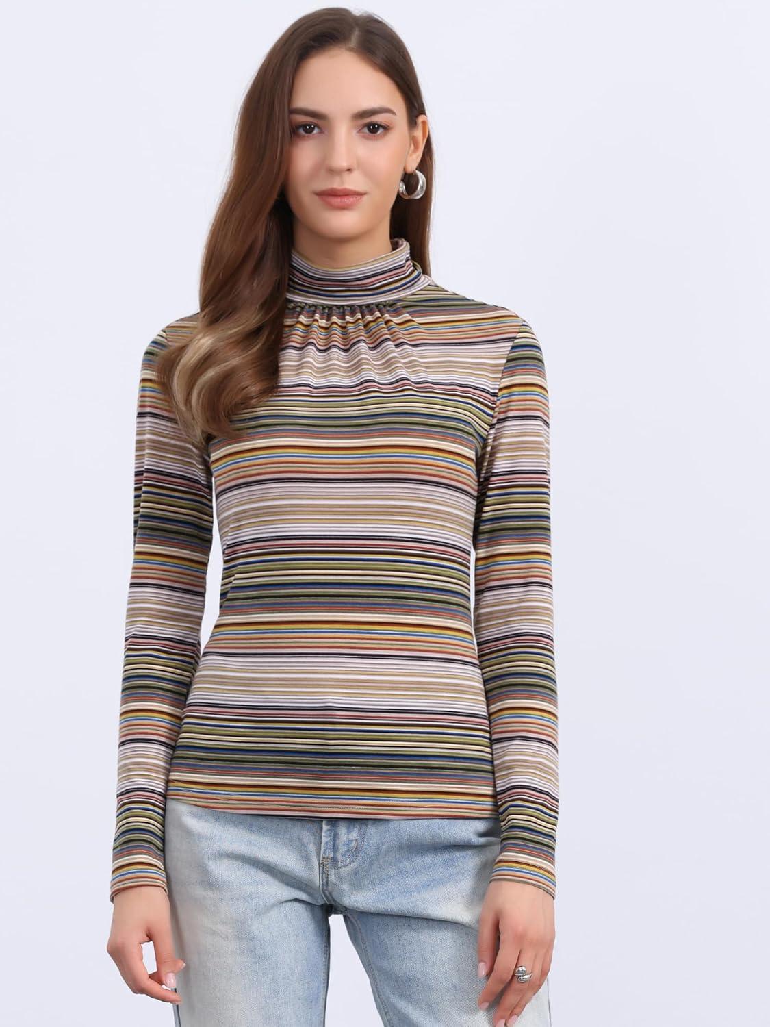 imageAllegra K Womens Striped Top Long Sleeve Casual Slim Turtleneck Fall Christmas Party Shirt 2025Brown Striped