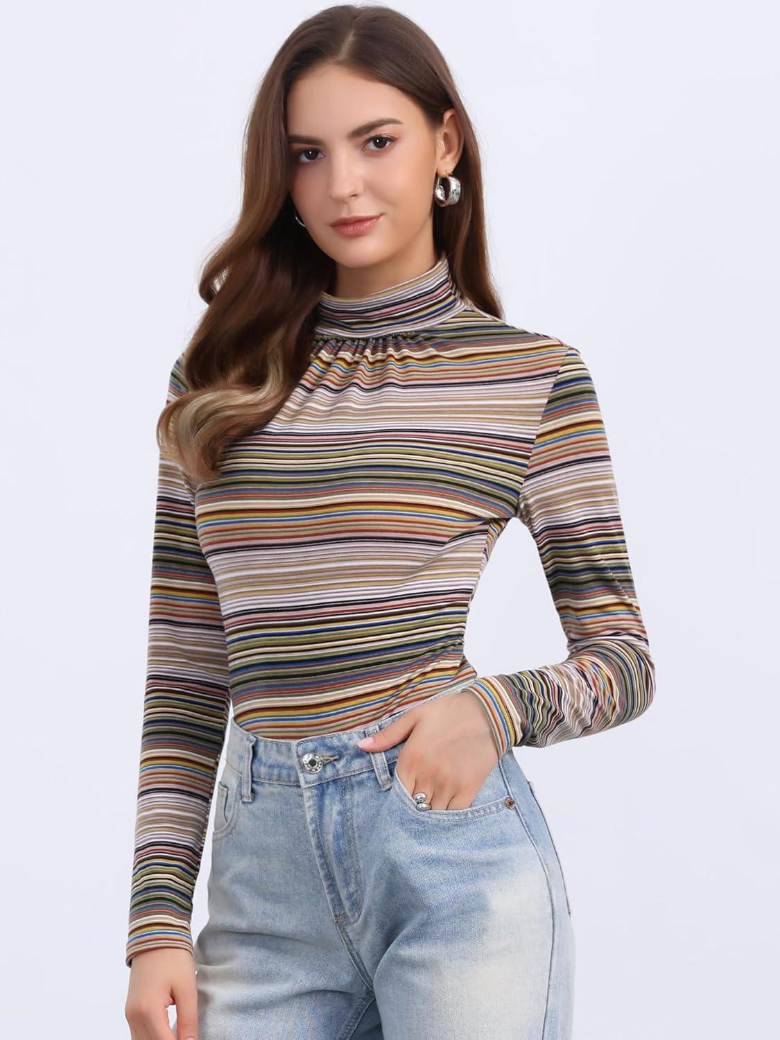imageAllegra K Womens Striped Top Long Sleeve Casual Slim Turtleneck Fall Christmas Party Shirt 2025Brown Striped