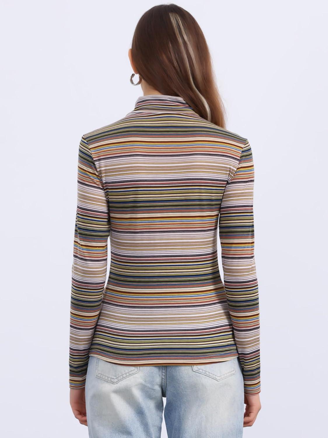 imageAllegra K Womens Striped Top Long Sleeve Casual Slim Turtleneck Fall Christmas Party Shirt 2025Brown Striped