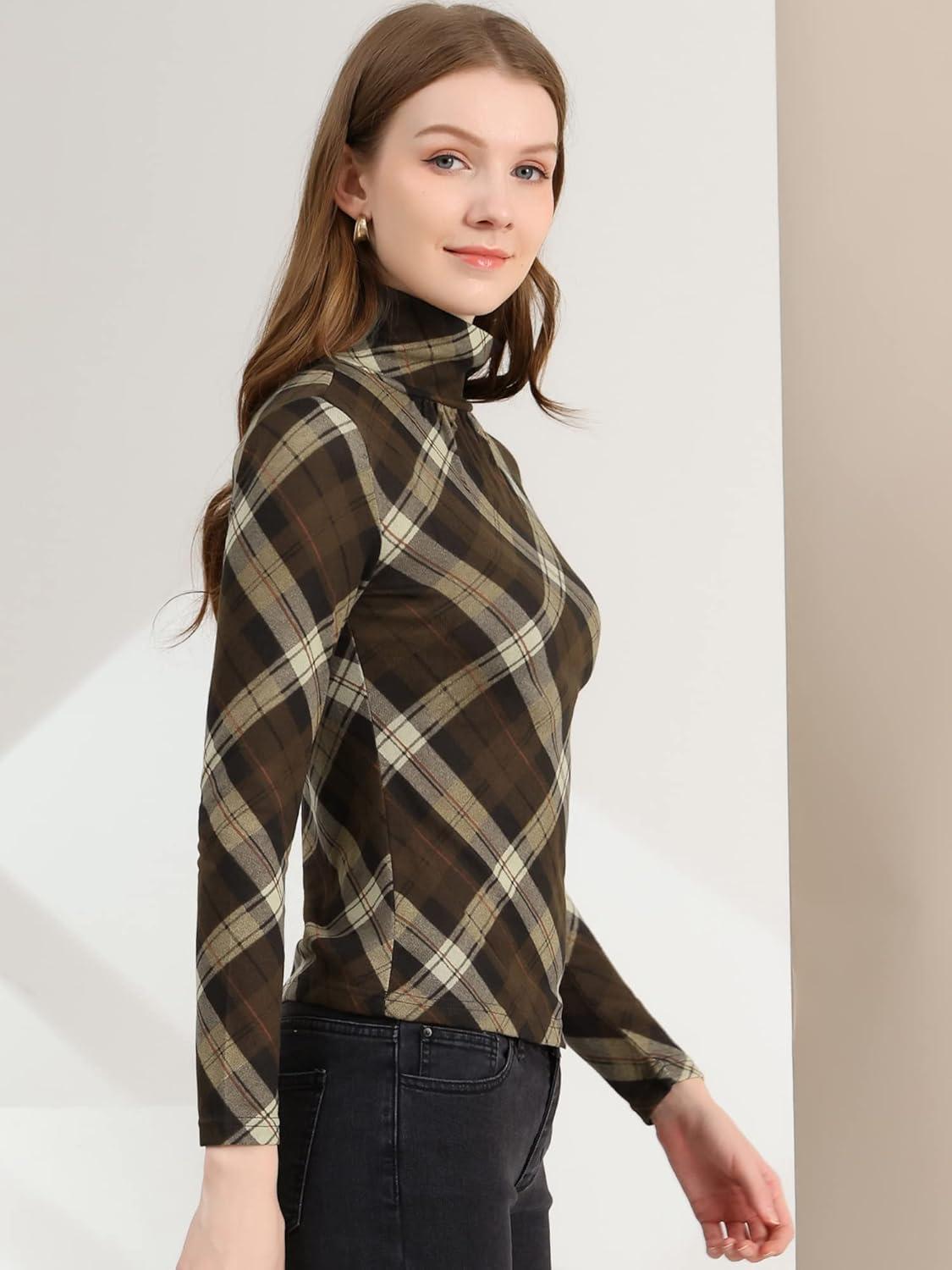 imageAllegra K Womens Striped Top Long Sleeve Casual Slim Turtleneck Fall Christmas Party Shirt 2025Brown a