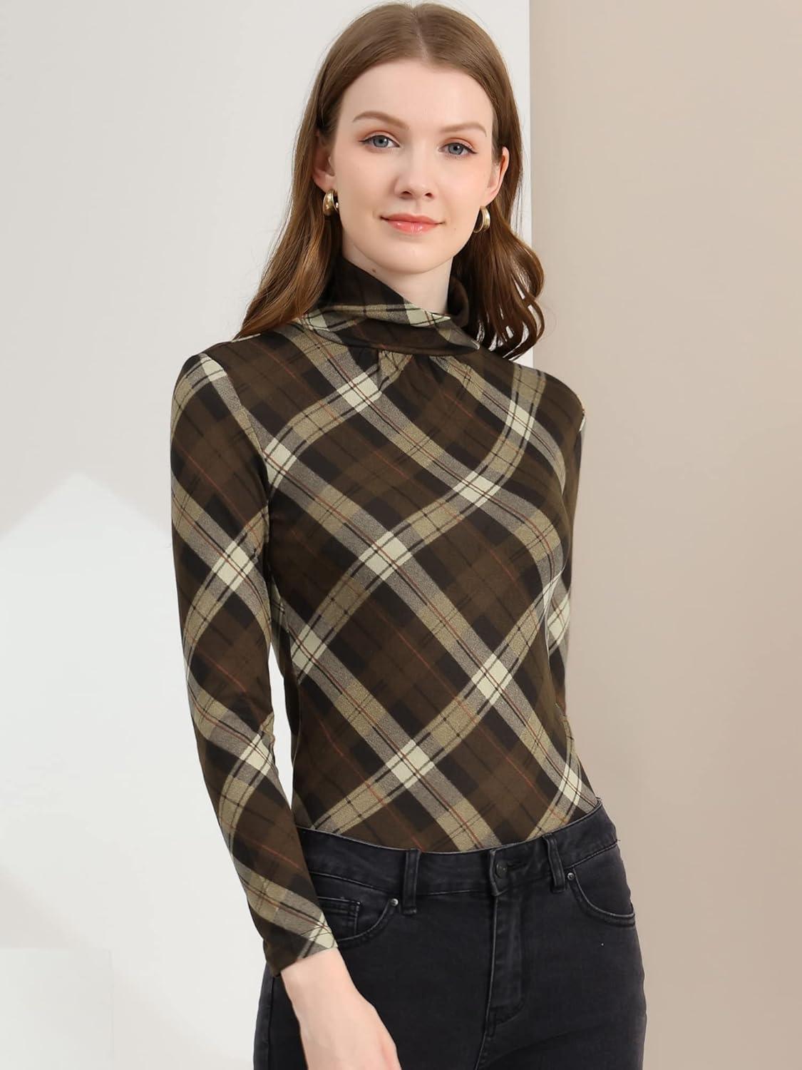 imageAllegra K Womens Striped Top Long Sleeve Casual Slim Turtleneck Fall Christmas Party Shirt 2025Brown a