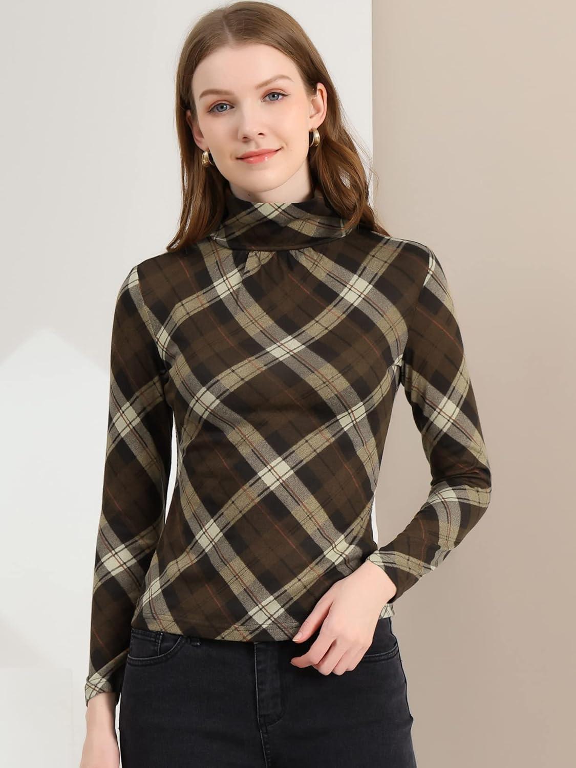 imageAllegra K Womens Striped Top Long Sleeve Casual Slim Turtleneck Fall Christmas Party Shirt 2025Brown a