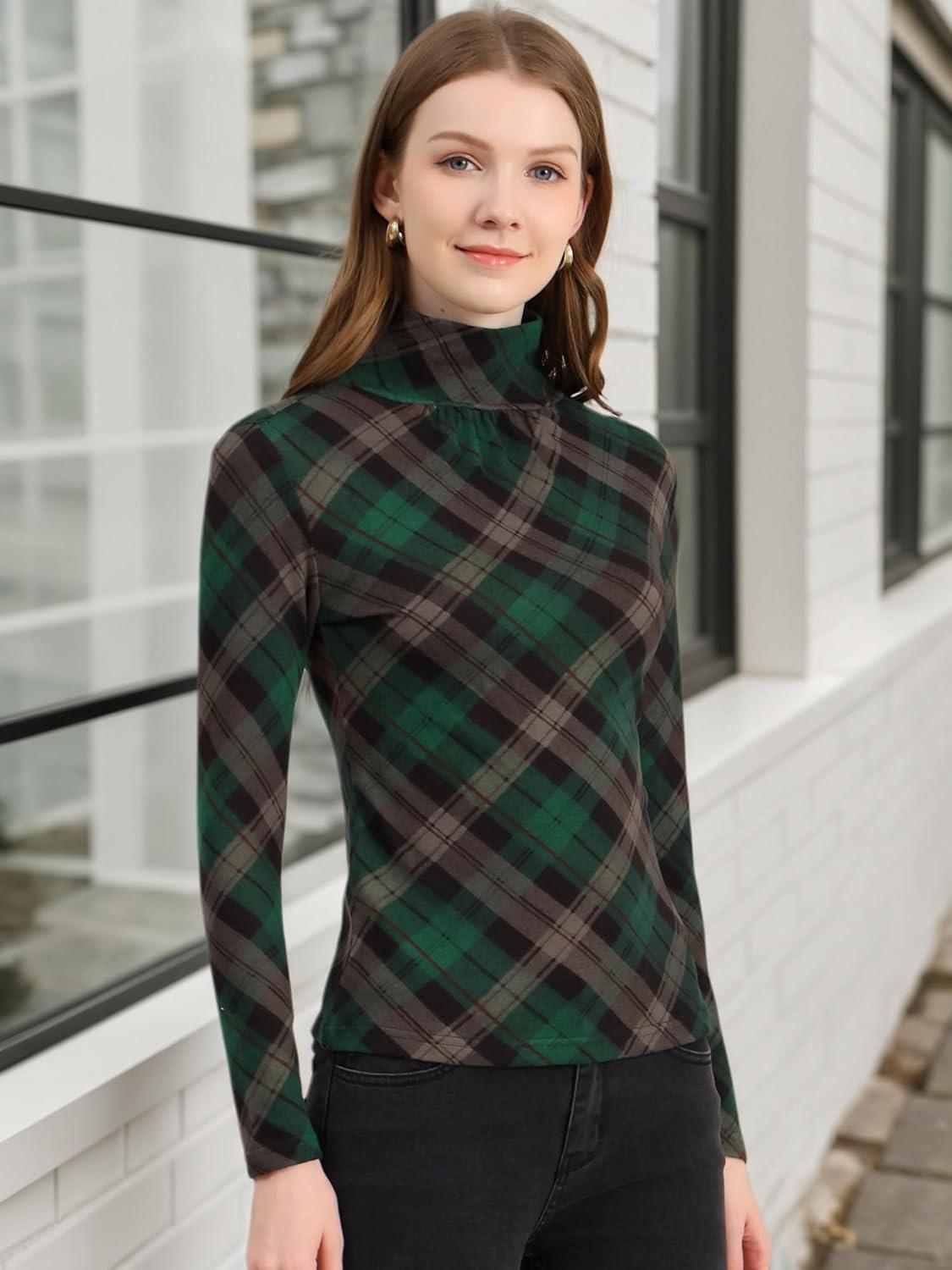 imageAllegra K Womens Striped Top Long Sleeve Casual Slim Turtleneck Fall Christmas Party Shirt 2025Green Brown
